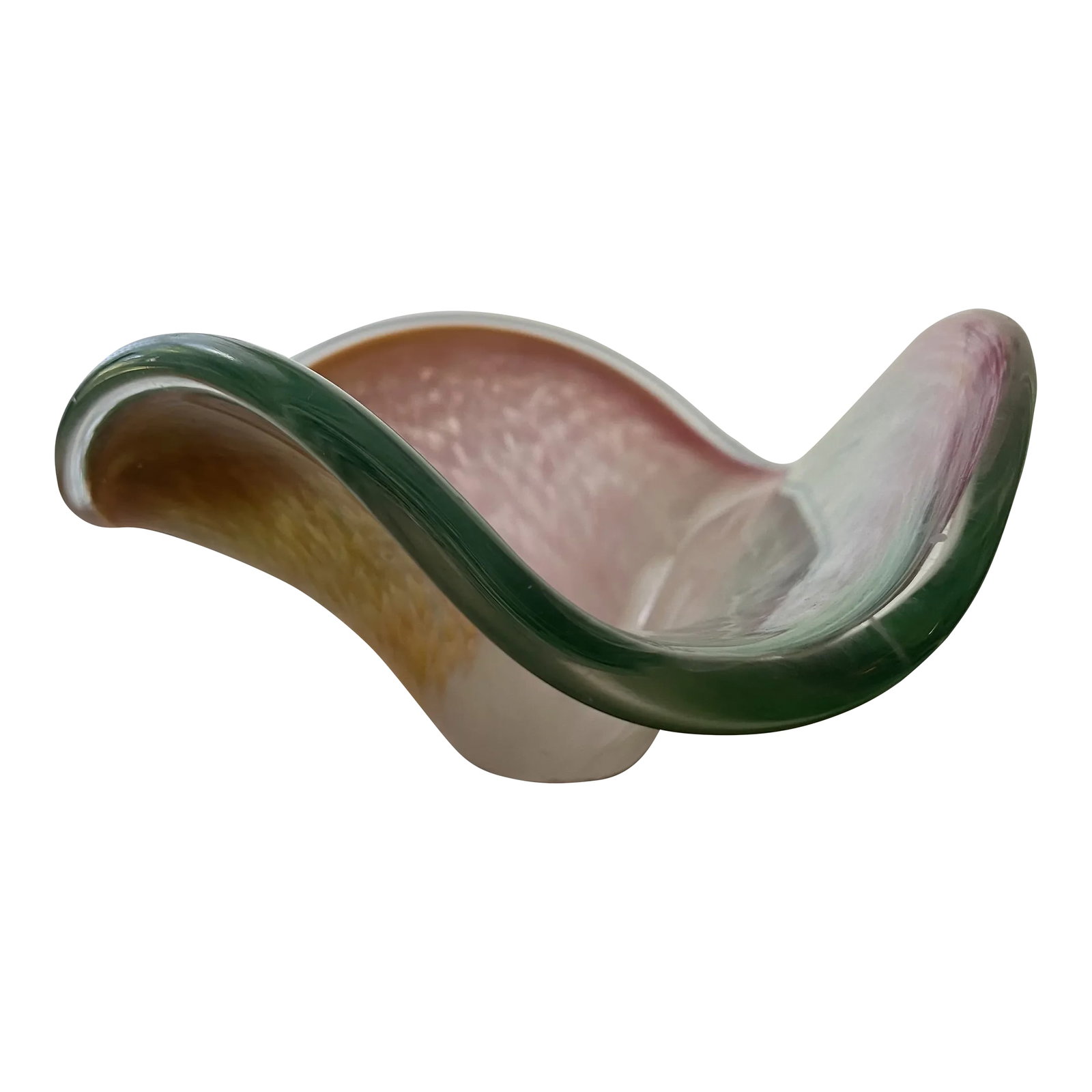 60s Italian Postmodern Murano Style Blown Glass Fruit Bowl: hand blown glass with bright pastel colors, pink orange and green. undulating tulip shape 9.5" Span across bowl, 5" Height tulip stem is 2"x2" for a small footprint small chip on the underside of