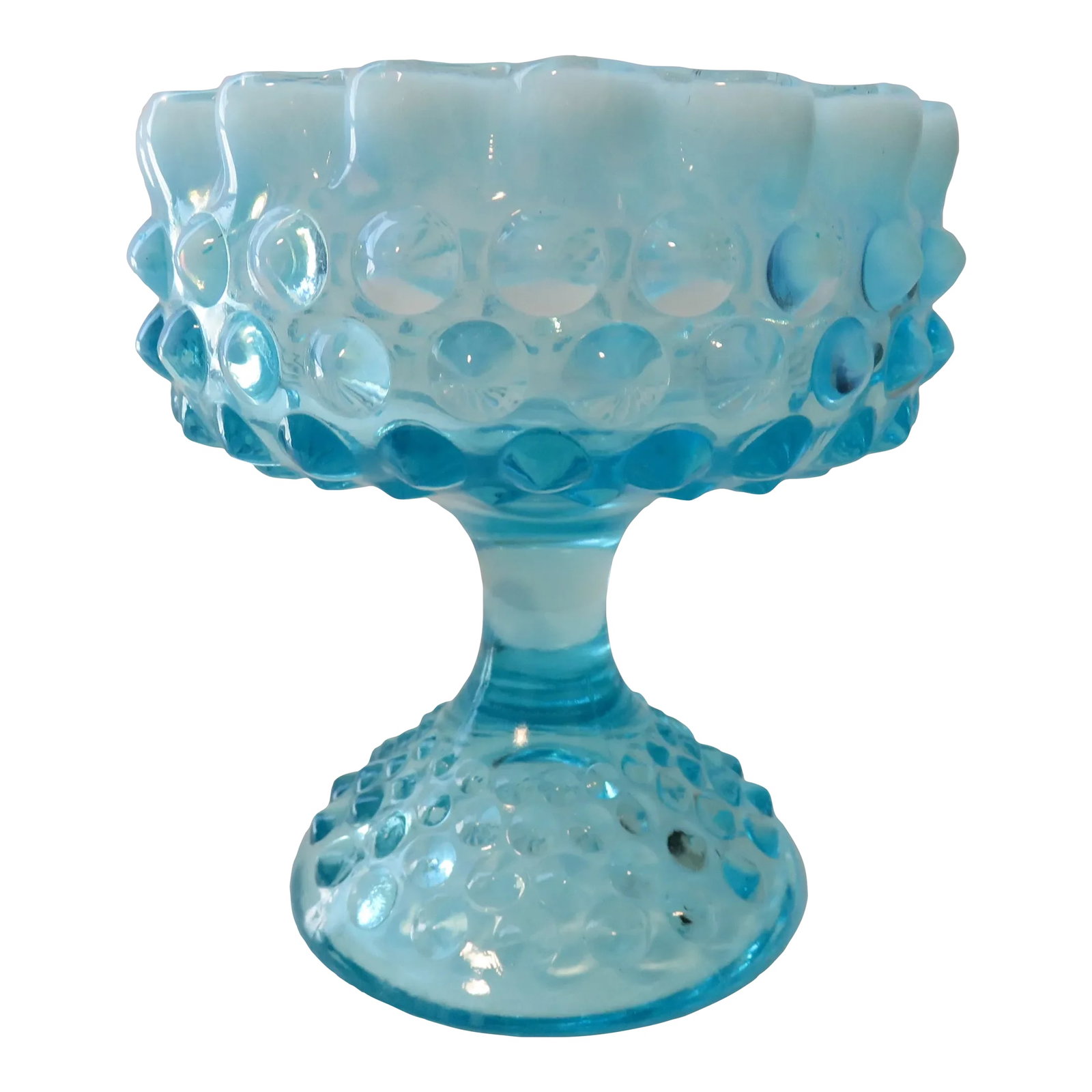 Fenton Glass Aqua Opalescent Hobnail Candy Compote Pedestal 1950s: Fenton Glass Aqua Opalescent Hobnail Candy Compote Pedestal 1950s Excellent vintage condition. This vintage compote is the style "Hobnail" manufactured by Fenton Glass during the 1950s. The color of