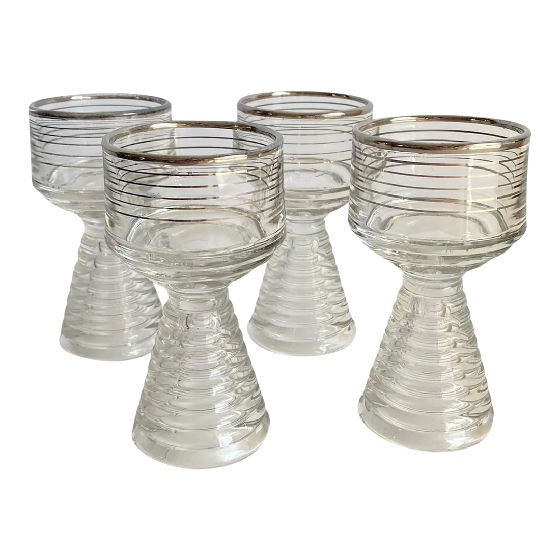 Art Deco 1950s Cocktail Glasses After Dinner Cocktail Sherry Port Wine With Silver Accents- Set of 4: Art Deco Cocktail Glasses After Dinner Cocktail Sherry Port Wine Silver Set of 4 Such great styling on these vintage glasses use them for after dinner cocktails or sherry. They can also be flipped ups