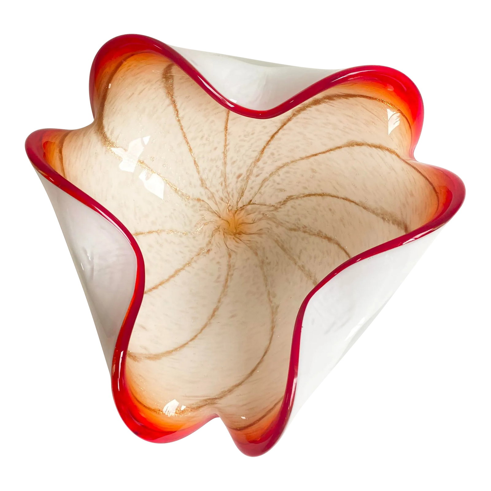 1960s Murano Attributed "Circus Tent" Glass Bowl Alfredo Barbini Style: Beautiful Murano glass bowl in the style of Alfredo Barbini. Fantastically colored in red, white and gold. Condition: Alterations: Original Condition Unaltered Imperfections: Some Imperfections