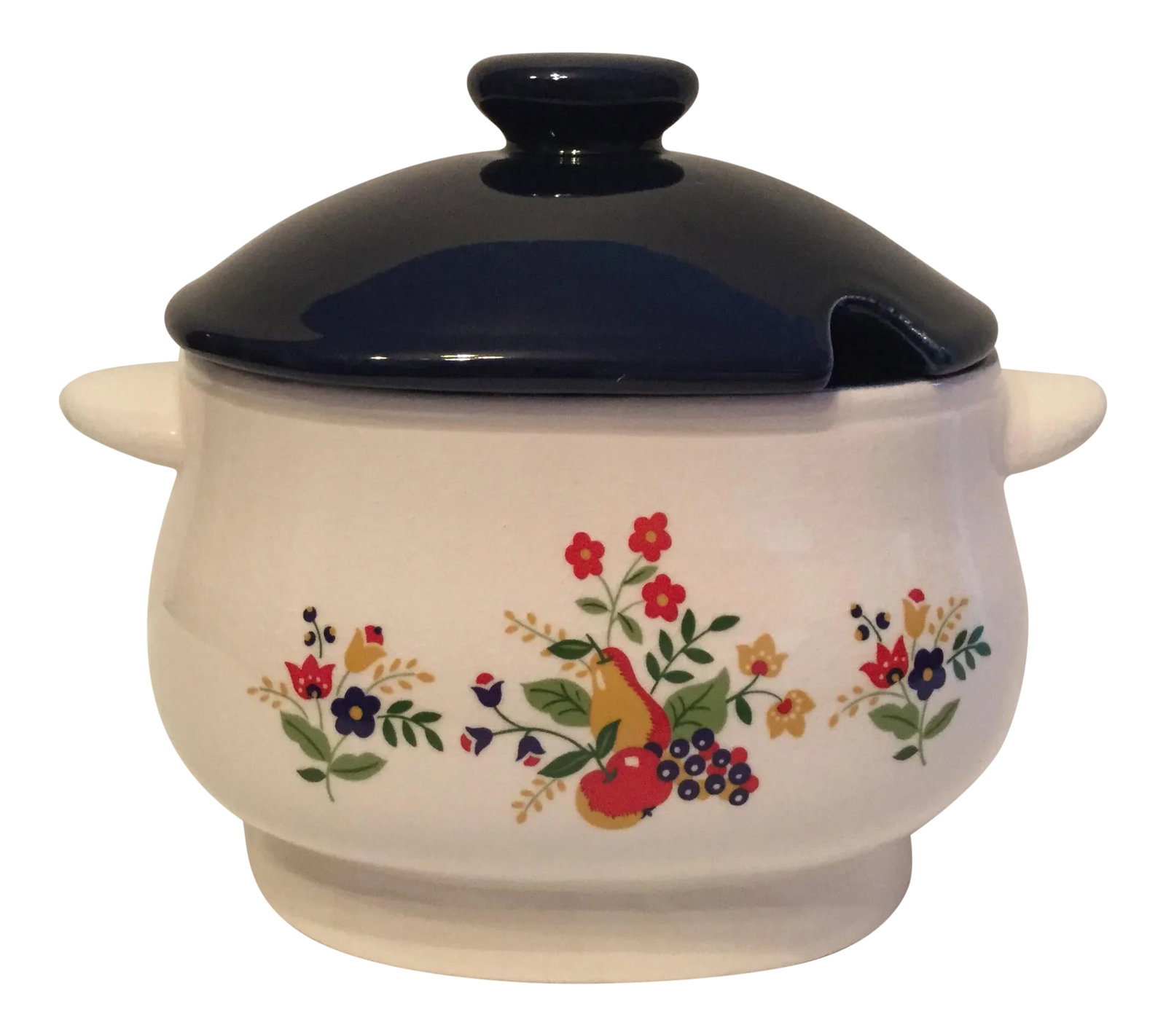 Japanese Floral Soup Tureen: This small soup tureen has a cobalt blue lid with a slot for a small soup ladle. The creamy bottom has a small handle on each end and a design on each side of flowers and fruit in rich hues of green,