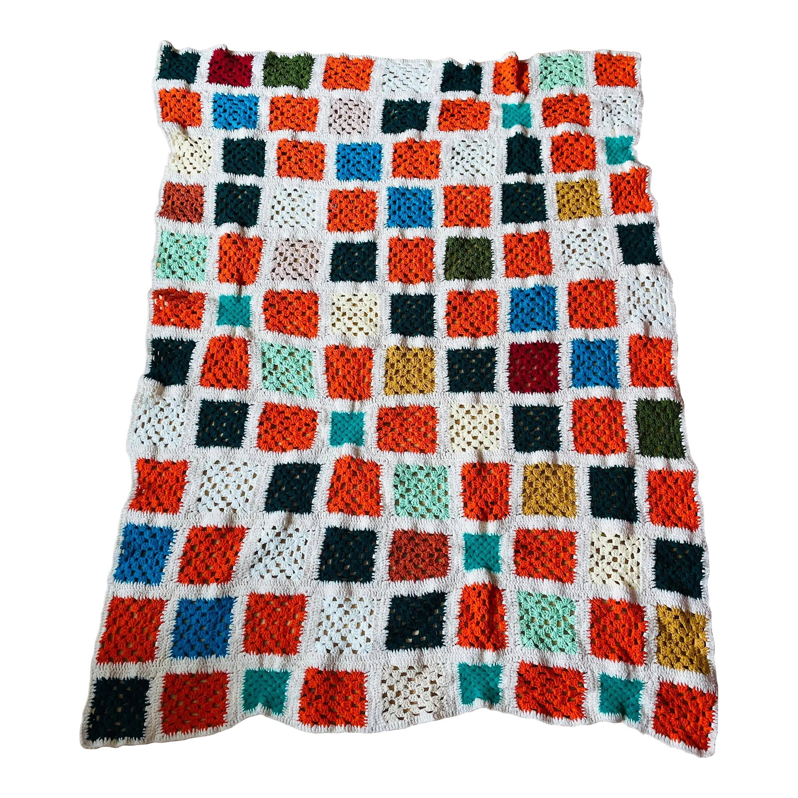 Vintage Hand Crochet Afghan Blanket: Beautiful vintage hand crocheted granny afghan blanket. Measures 50" by 63". The colorful fall colored squares stand out vividly against a cream background. Excellent handmade piece with country and