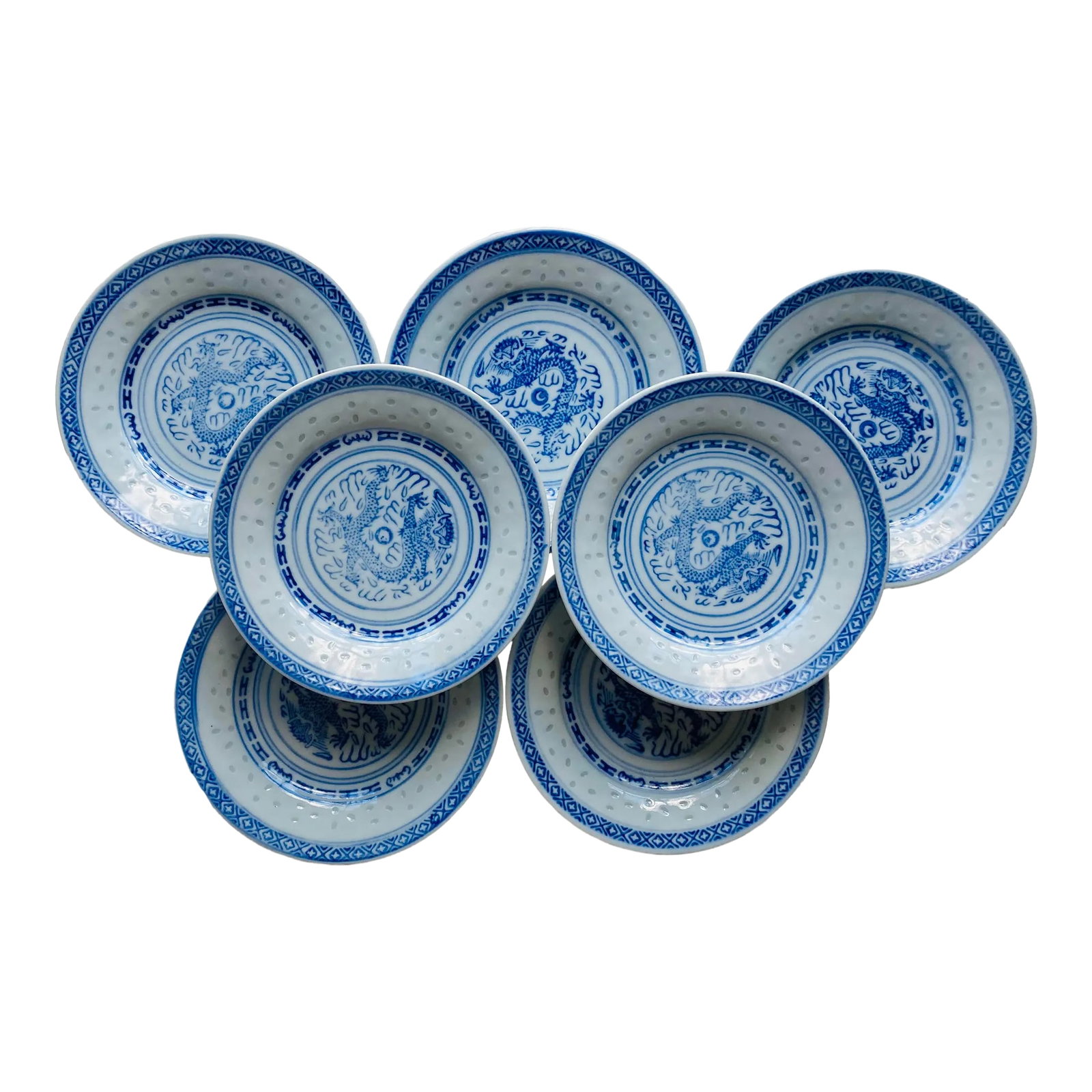 Vintage Tienshan Chinese Blue & White Rice Grain Porcelain "Fierce Dragon" Plates- Set of 7: Vintage Set of 7 Tienshan Chinese Blue & White Rice Grain Porcelain "Fierce Dragon" Plates 5.75"D X.75"H, Makers mark reads " Made in China " They are in excellent condition. Condition: Alterations: