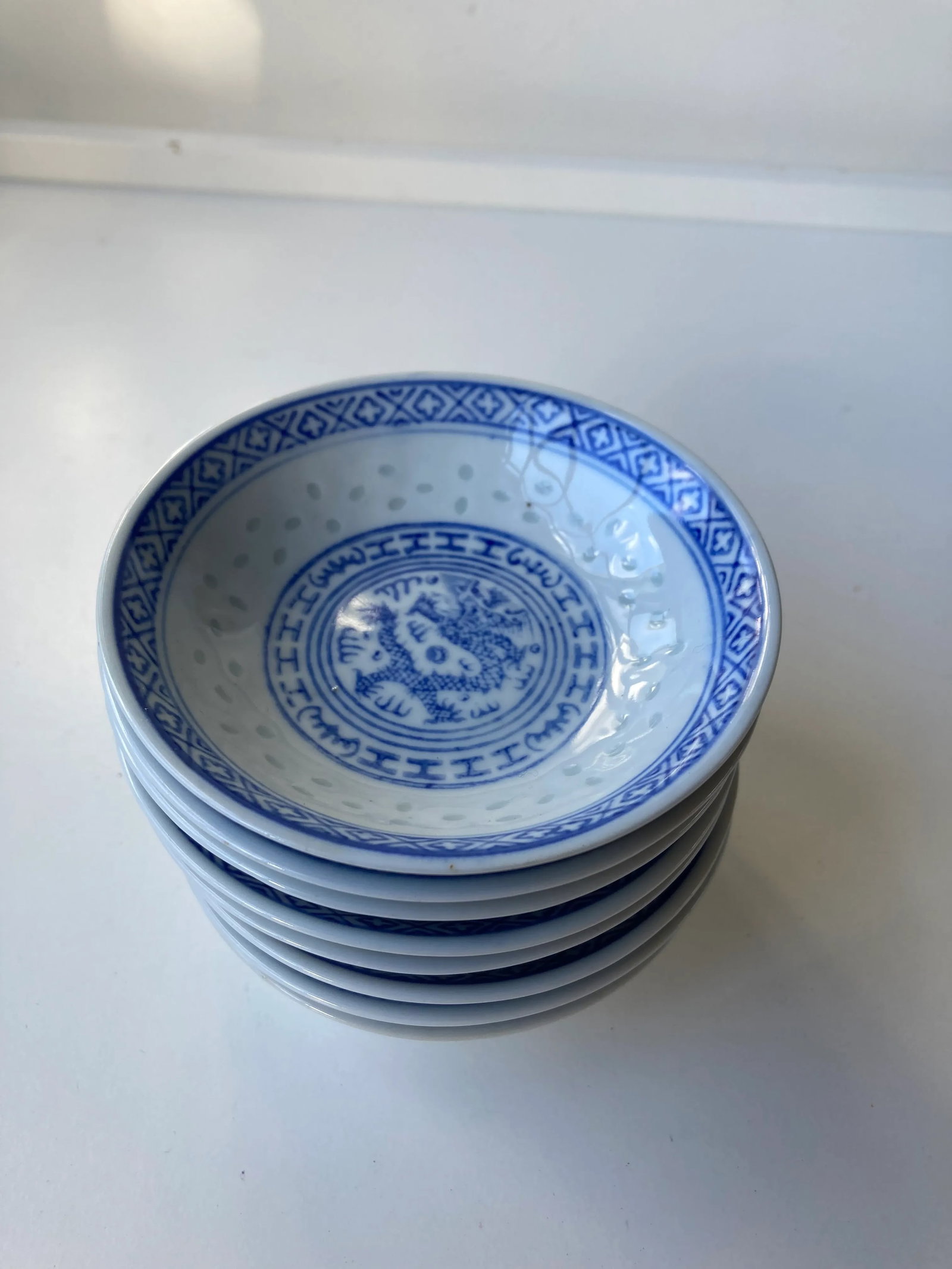 Vintage Tienshan Chinese Blue & White Rice Grain Porcelain "Fierce Dragon" Plates- Set of 7 - 3