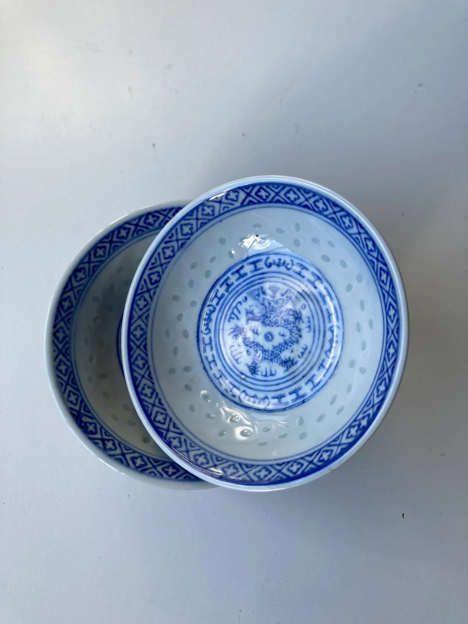 Vintage Tienshan Chinese Blue & White Rice Grain Porcelain "Fierce Dragon" Plates- Set of 7 - 4