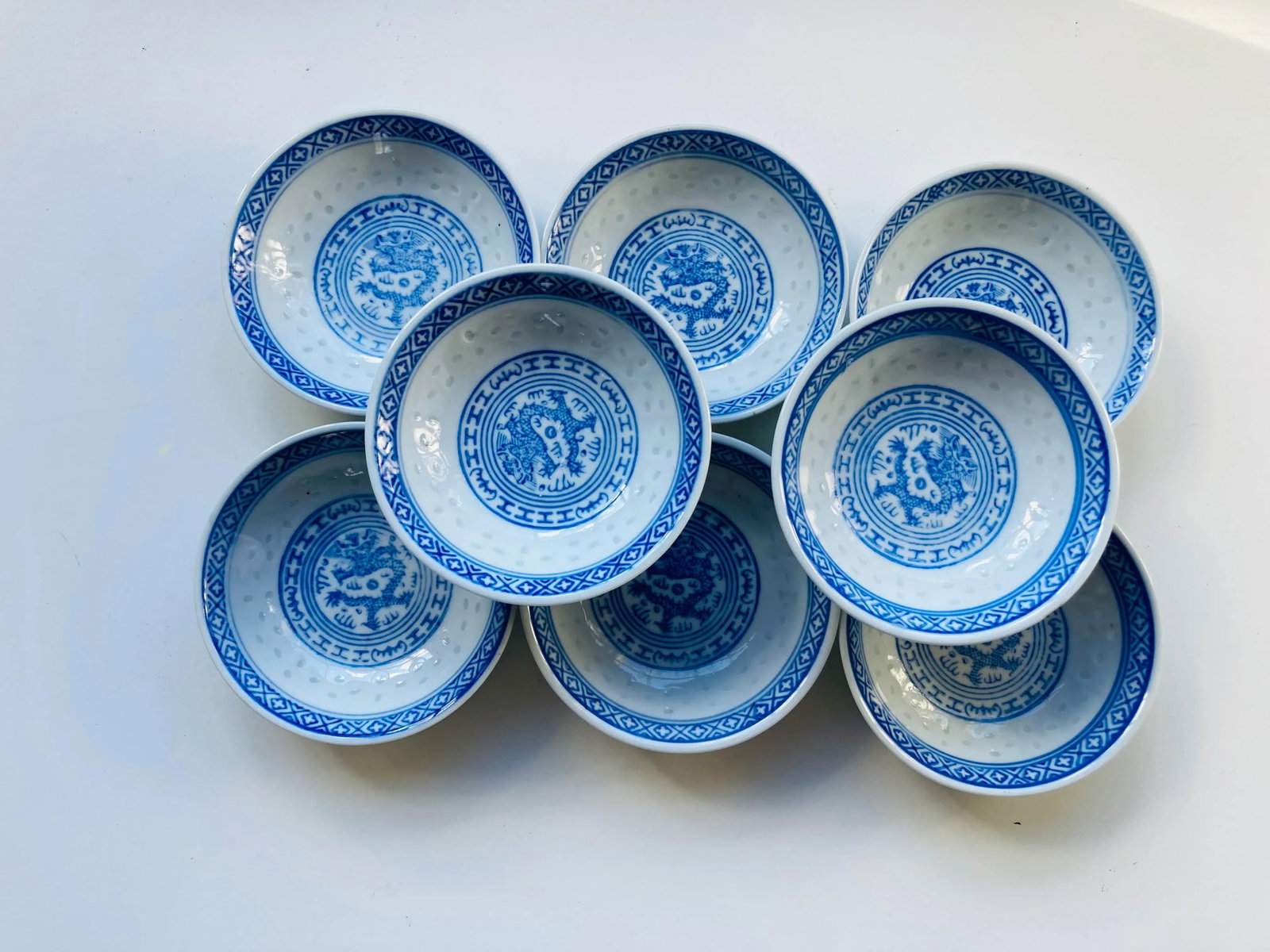 Vintage Tienshan Chinese Blue & White Rice Grain Porcelain "Fierce Dragon" Plates- Set of 7 - 6