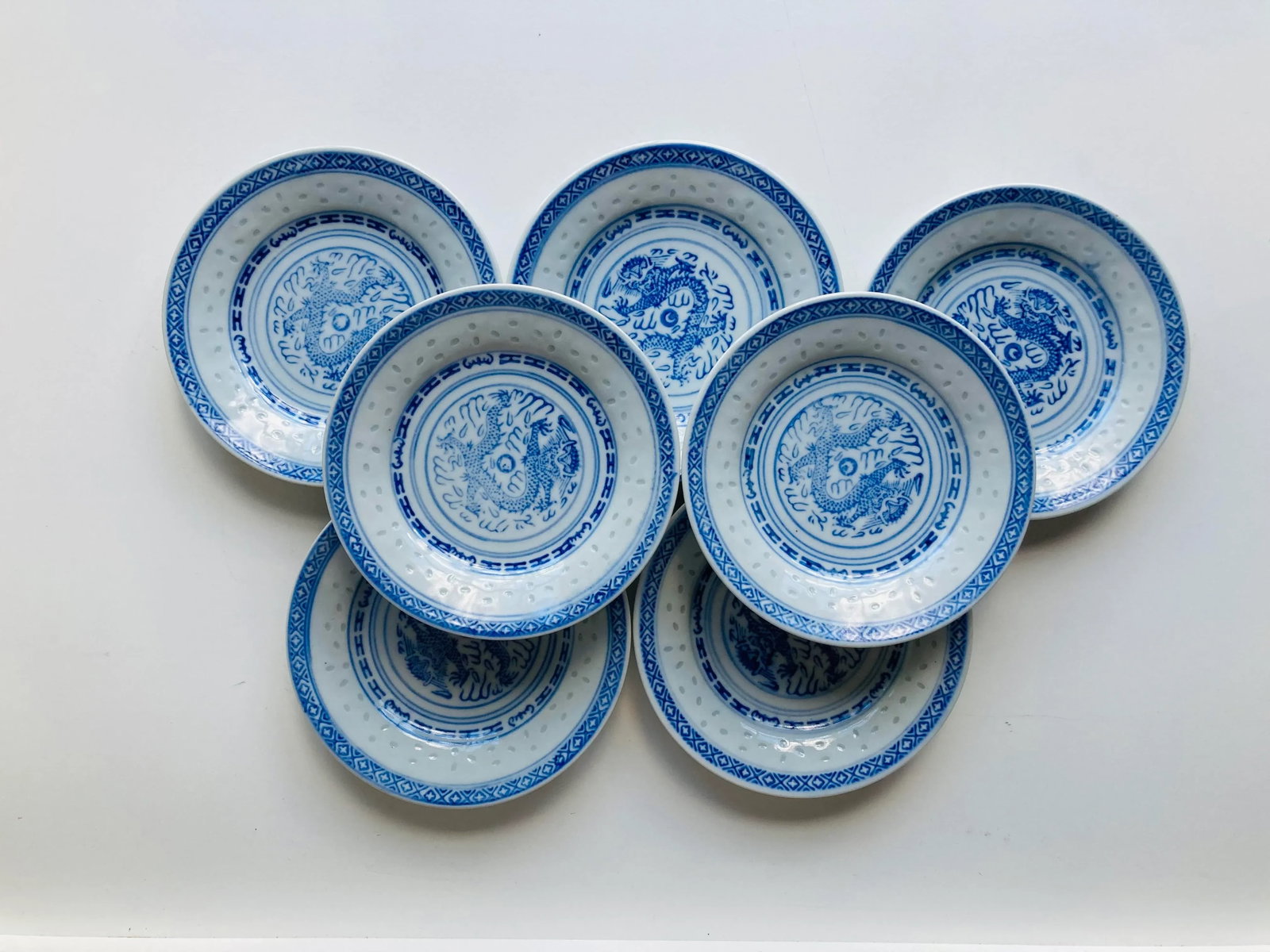 Vintage Tienshan Chinese Blue & White Rice Grain Porcelain "Fierce Dragon" Plates- Set of 7 - 7