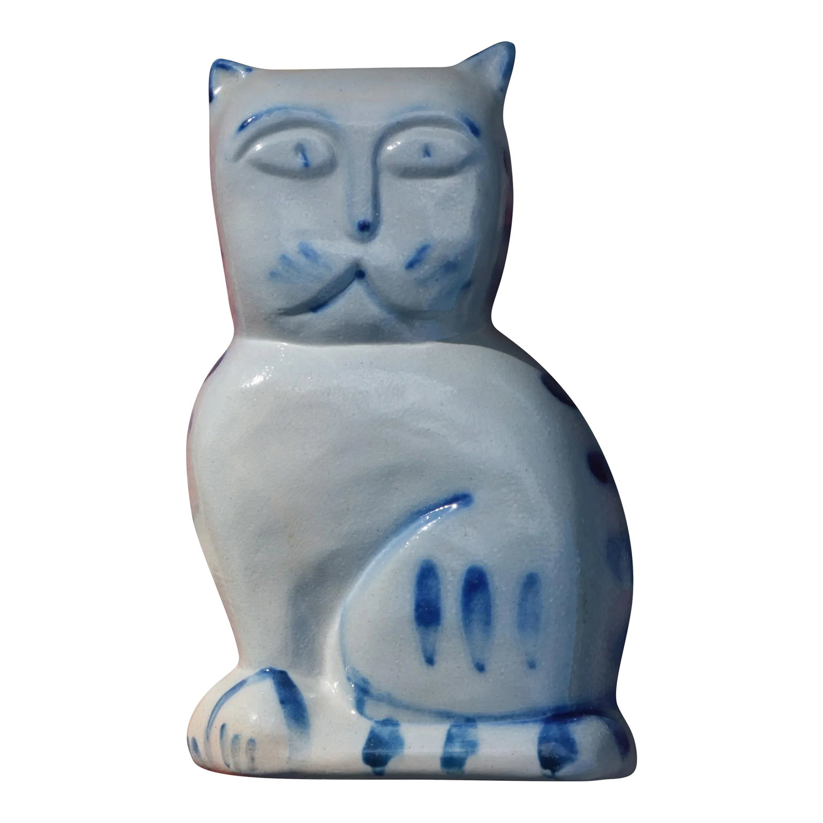 Eldreth Pottery Stoneware Cat Figure: Stoneware pottery cat in grey salt glazed stoneware highlighted with cobalt blue accents. From Eldreth Pottery of Strassburg, Pennsylvania. Condition: Alterations: Original Condition Unaltered