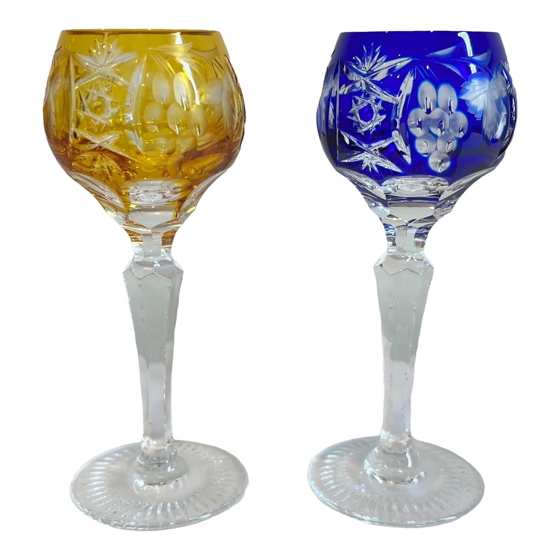 1960's Hand-Cut & Colored Lead Crystal Cordial / Liqueur Glasses German Made by Nachtmann - 1 Ea of: This distinctive pair of brilliantly colored lead crystal cordial (liqueur) glasses from Germany were hand-crafted by the nearly two century old luxury German glassware maker Nachtmann Bavarian