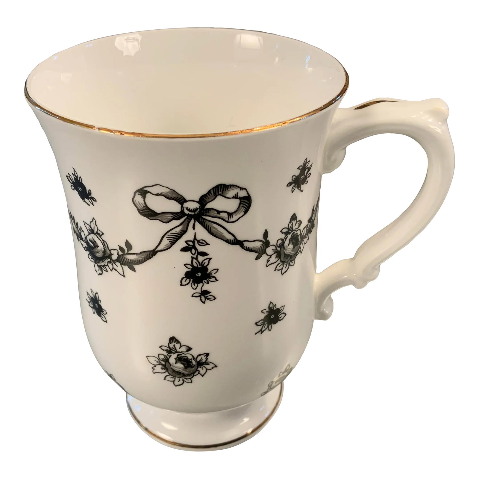 Vintage Royal Victoria Fine Bone China Tall Coffee Cup: Royal Victoria Black Rose & Swags Ribbon with Gold Trim on edge. Condition: Alterations: Original Condition Unaltered Imperfections: Some Imperfections Condition Notes: Overall excellent condition.