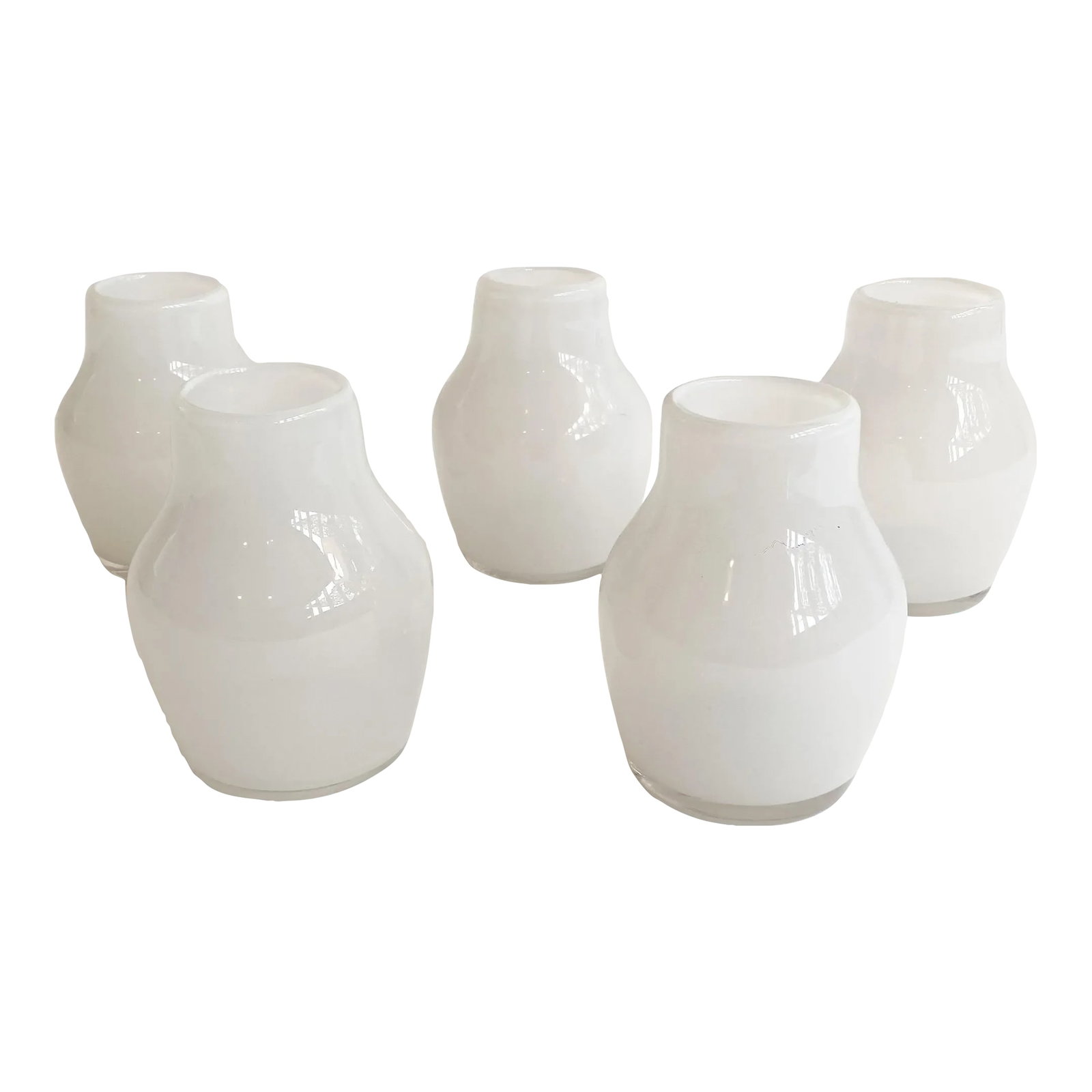 Milky White Glass Vases - Set of 5: Beautiful hand-blown set of 5 milky glass West Elm vases. 6"H x 4-1/2"W (3-1/2" W at base; 2-3/4" W at opening Condition: Imperfections: No Imperfections Condition Notes: excellent. All 5 vases in exc