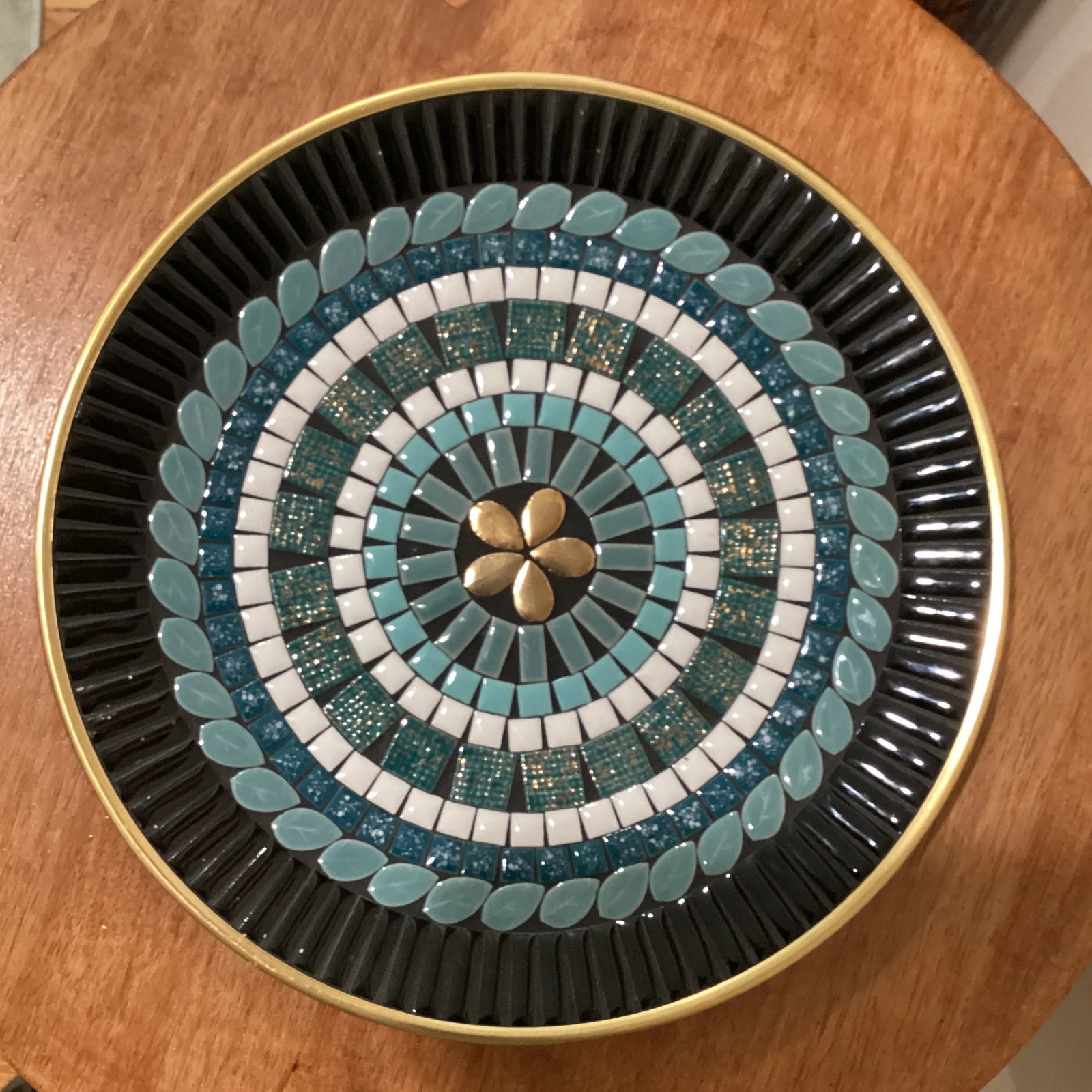 Vintage Mid 20th Century Mosaic Tile Plate in Blue, White, Green, and Gold - 13