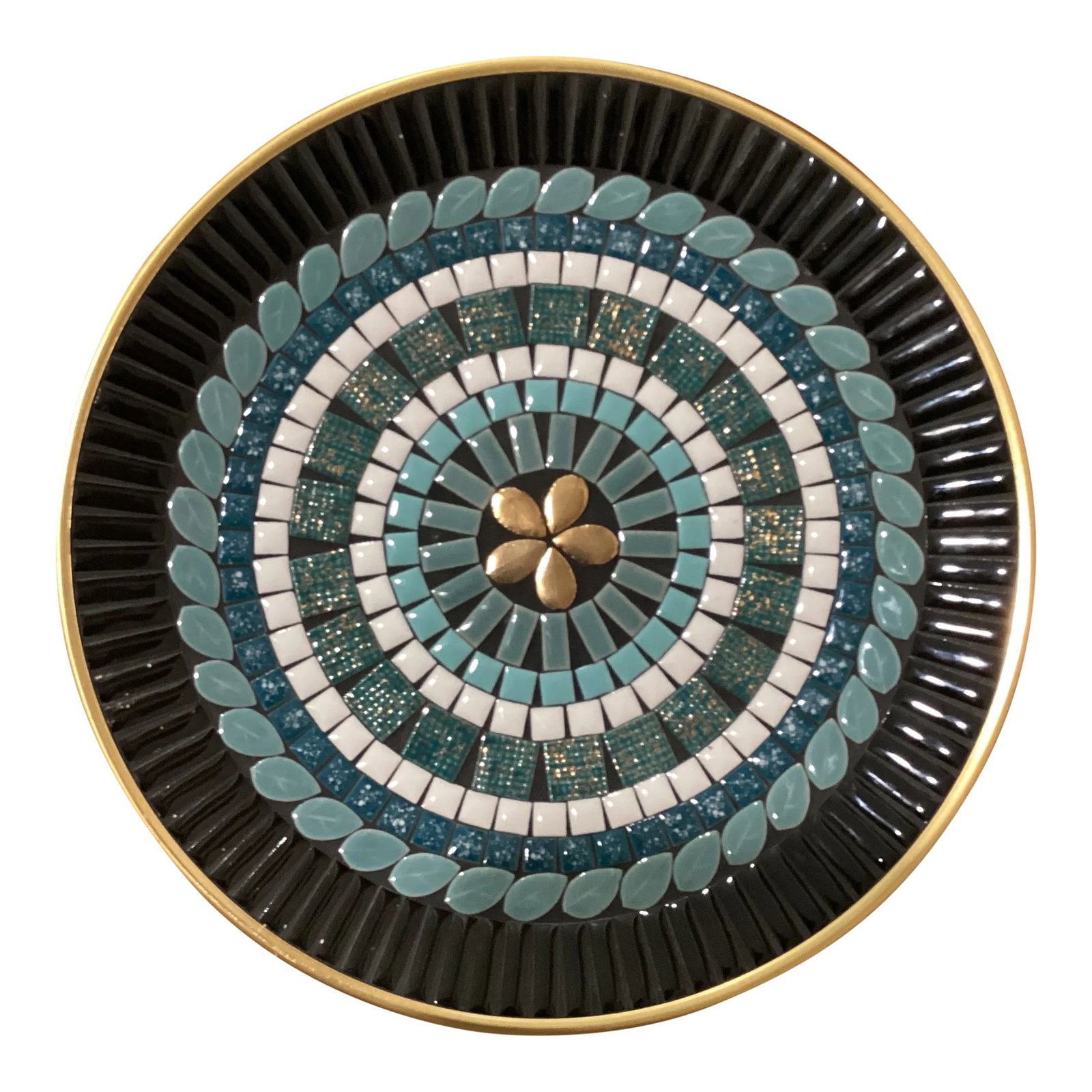Vintage Mid 20th Century Mosaic Tile Plate in Blue, White, Green, and Gold: A muted vibrant, patterned series of coloured of tiles creates the setting for an organic, abstract design. The selection and cut of tiles, arrangement of colour and sophisticated result indicates the