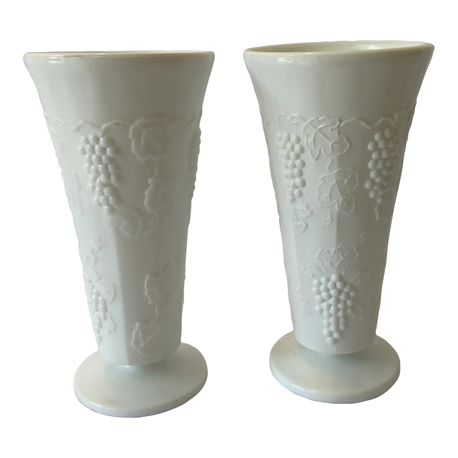 1930s Pair of Milk Glass Vases: A lovely pair of Milk Glass Vases. The perfect Vintage decor, gift and collectors piece Condition: Alterations: Original Condition Unaltered Imperfections: Some Imperfections Condition Notes: They