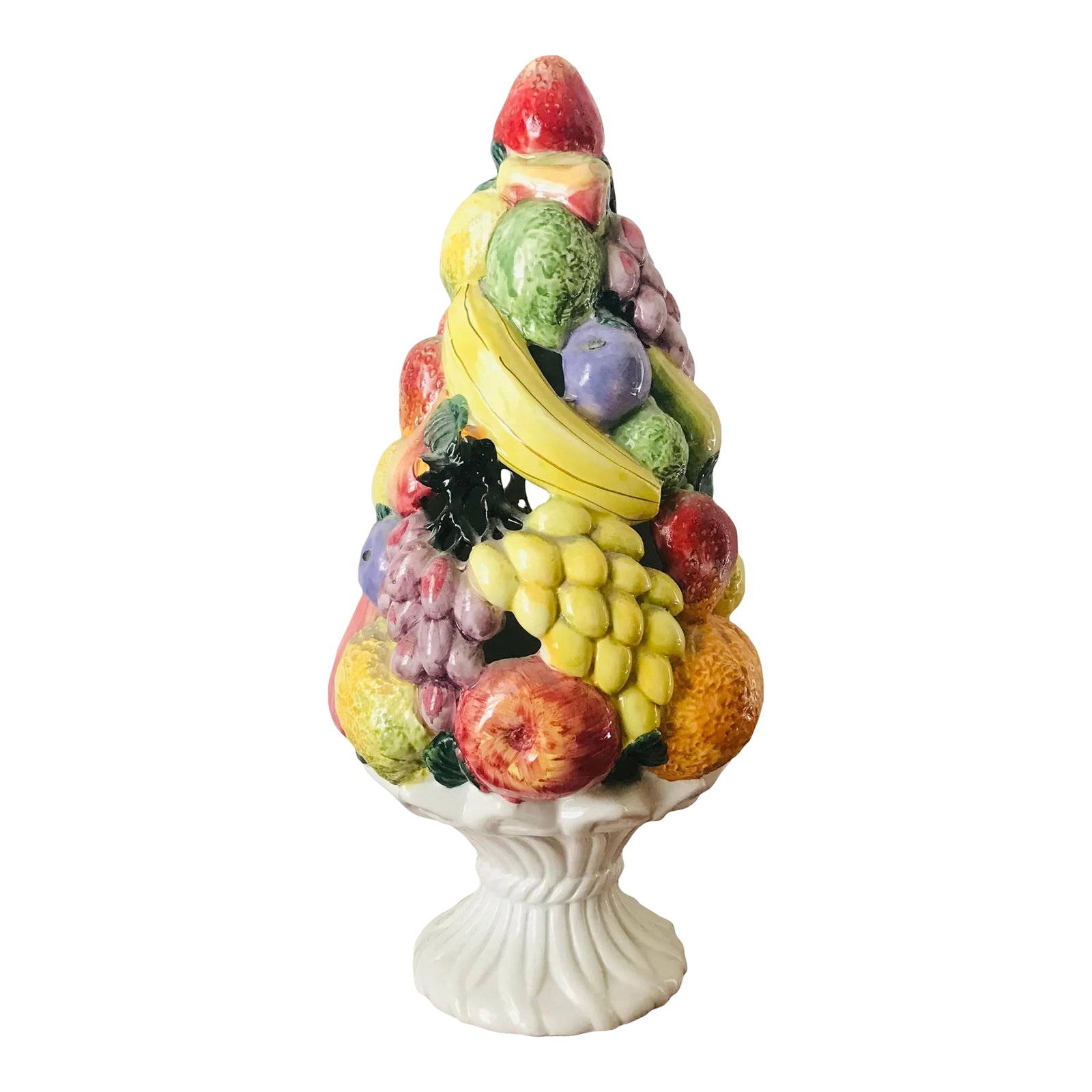 Extra Large Vintage Italian Pottery Fruit Topiary Centerpiece: We love how colorful this ceramic topiary is. It will look right at home on your dining table or in your kitchen! Condition: Alterations: Original Condition Unaltered Imperfections: Some
