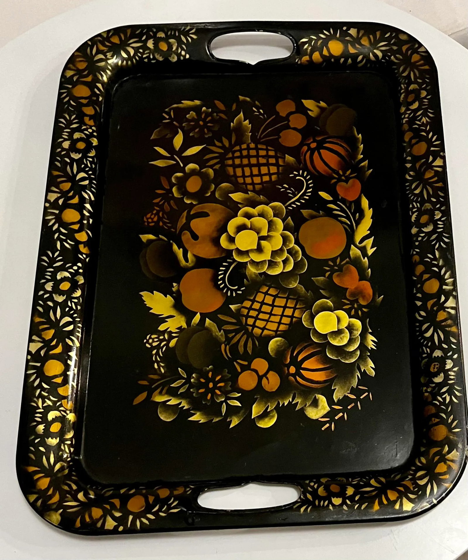 Black and Gold Toleware Tray With Hand Painted Fruits and Flowers - 2