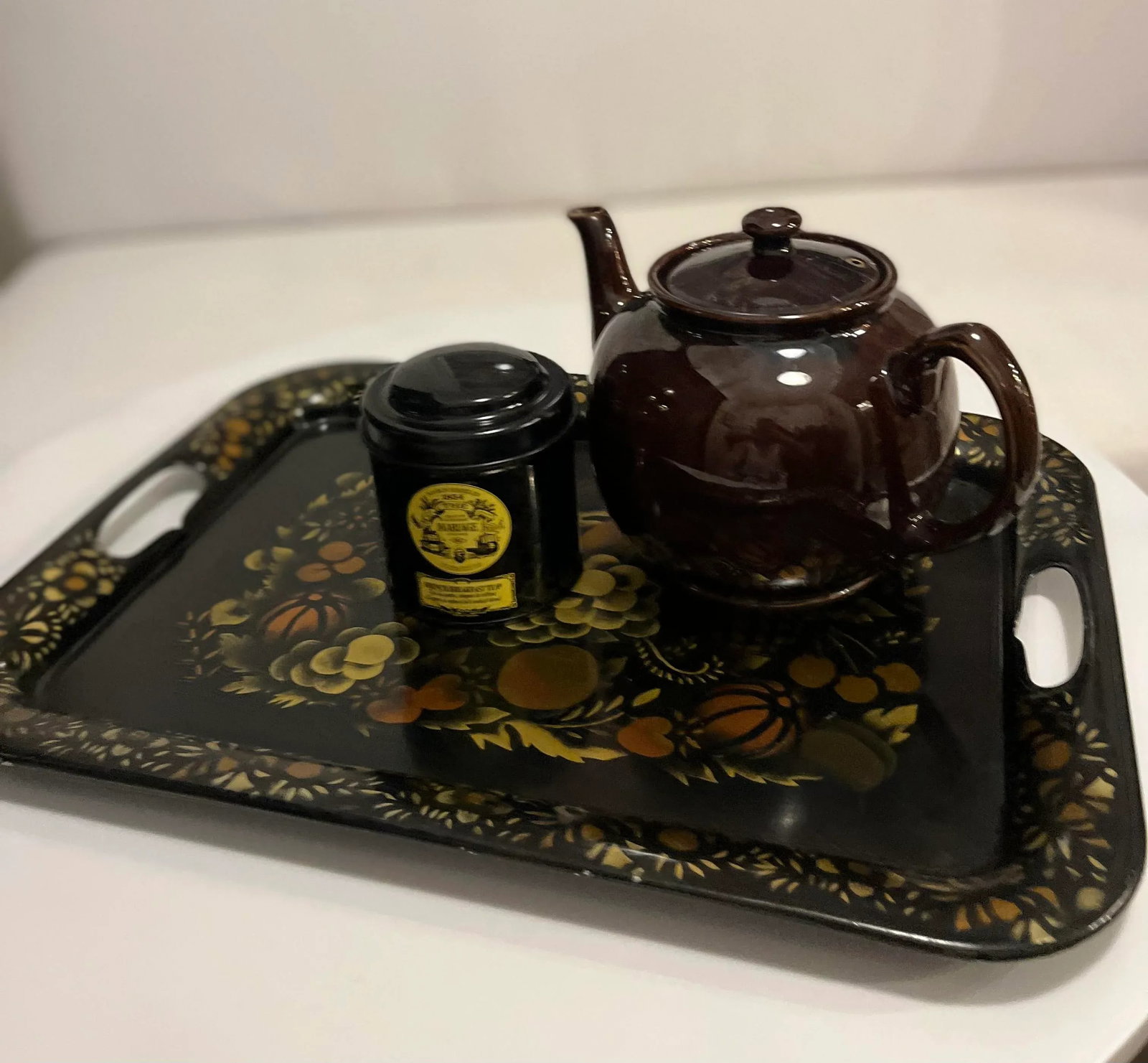 Black and Gold Toleware Tray With Hand Painted Fruits and Flowers - 6
