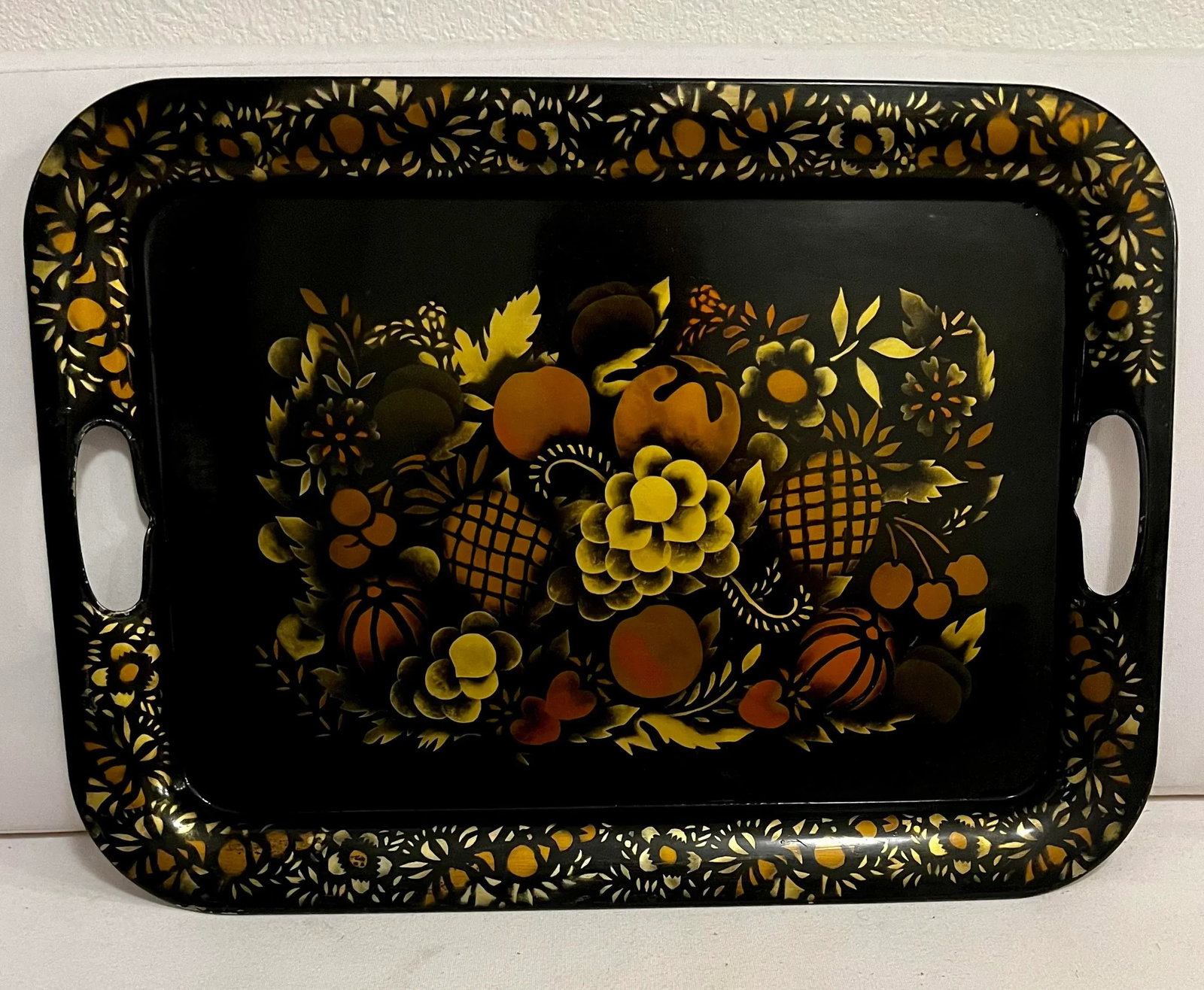 Black and Gold Toleware Tray With Hand Painted Fruits and Flowers - 7