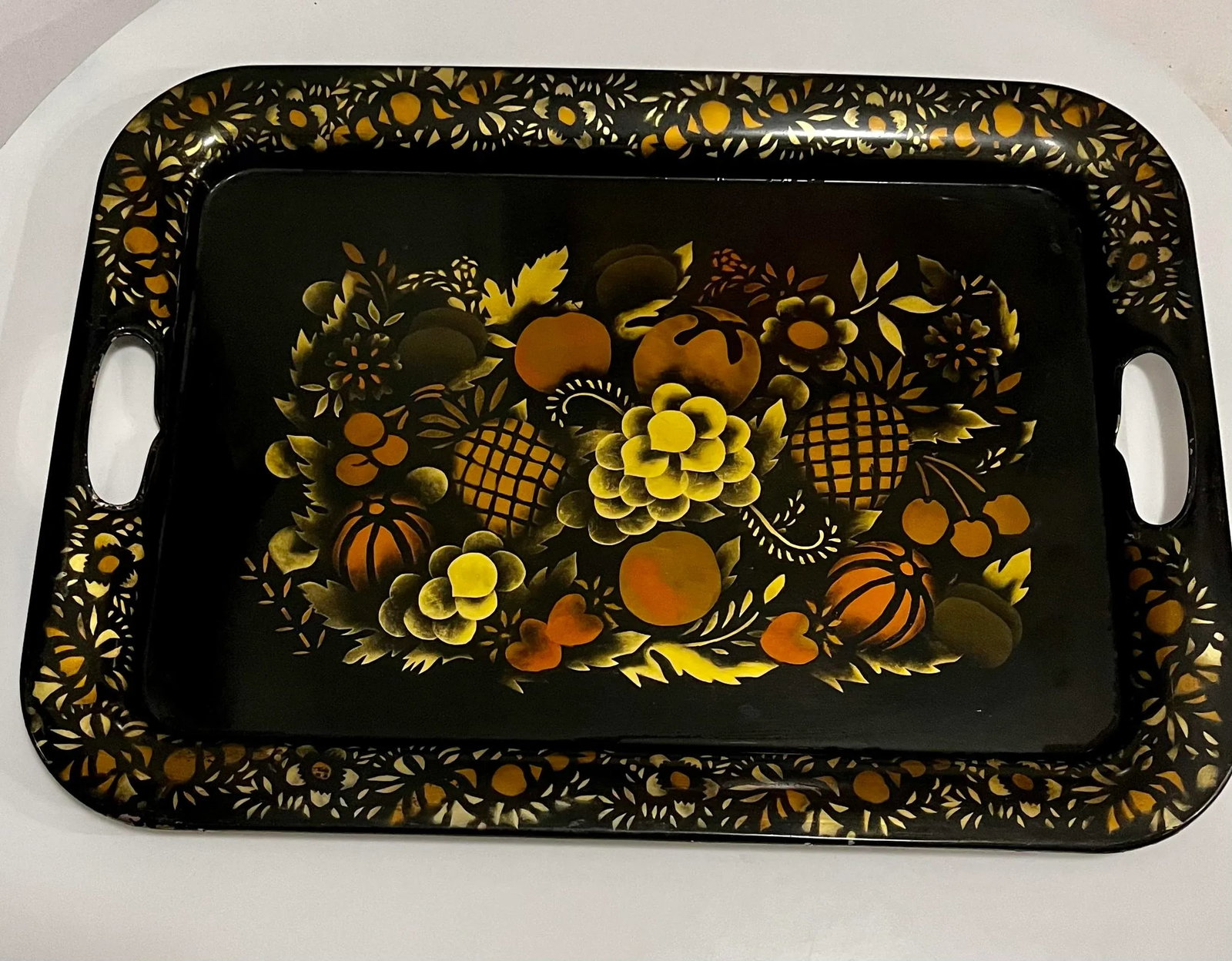 Black and Gold Toleware Tray With Hand Painted Fruits and Flowers - 8