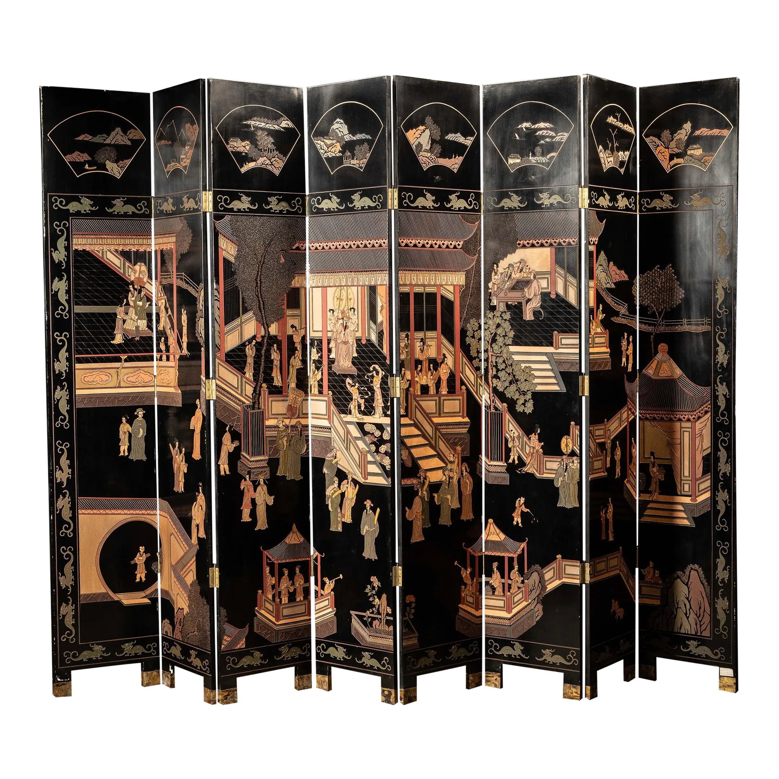 1940s Vintage Chinese Coromandel Screen: Massive vintage Chinese coromandel screen. 144"W x 96"H. Each panel is 18" in width. This missive vintage screen depicts a continuous, festive court scene with dragon motif borders and fan-shaped