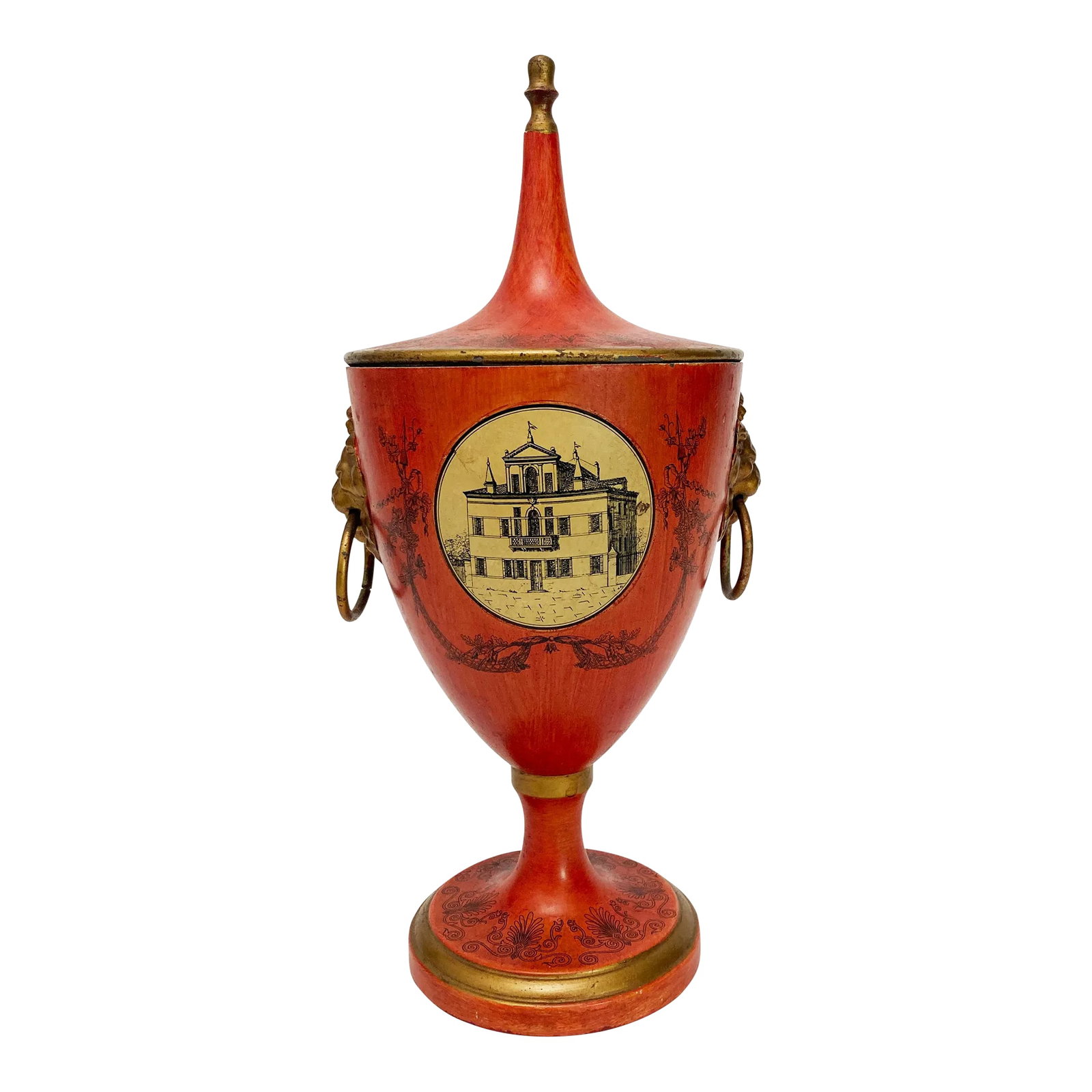 Early 19th Century Italian Tole Chestnut Urn: This gorgeous c. 1830's Italian Painted Tole Urn is quite the little show piece. The attention to detail is nothing short of impressive. The rich deep coral color with the black and gold accents are