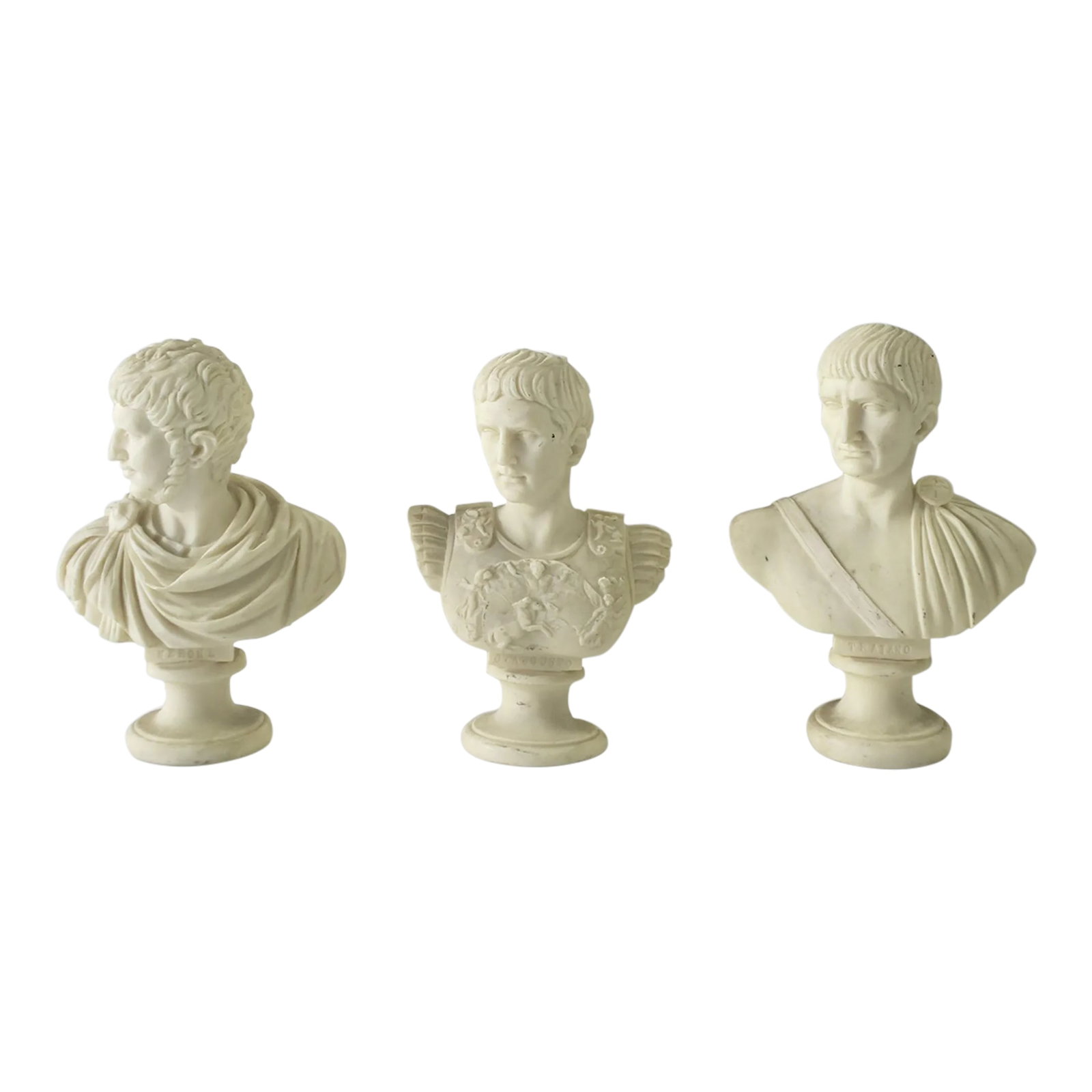 Italian Male Bust Sculptures, Set of 3: A set of three (3) Italian male sculpture busts by R. Santini, in the classical Roman design style, circa mid-20th century, Italy. This set of busts could be used for a library, office, etc., on a
