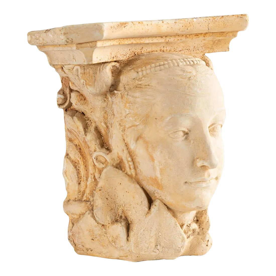Vintage Goddess Plaster Wall Shelf: Unique vintage wall shelf crafted from plaster in a light tan hue with textured finish. Features sculpted goddess face and leaf details forming an ornate column design. Wire hook on back for easy