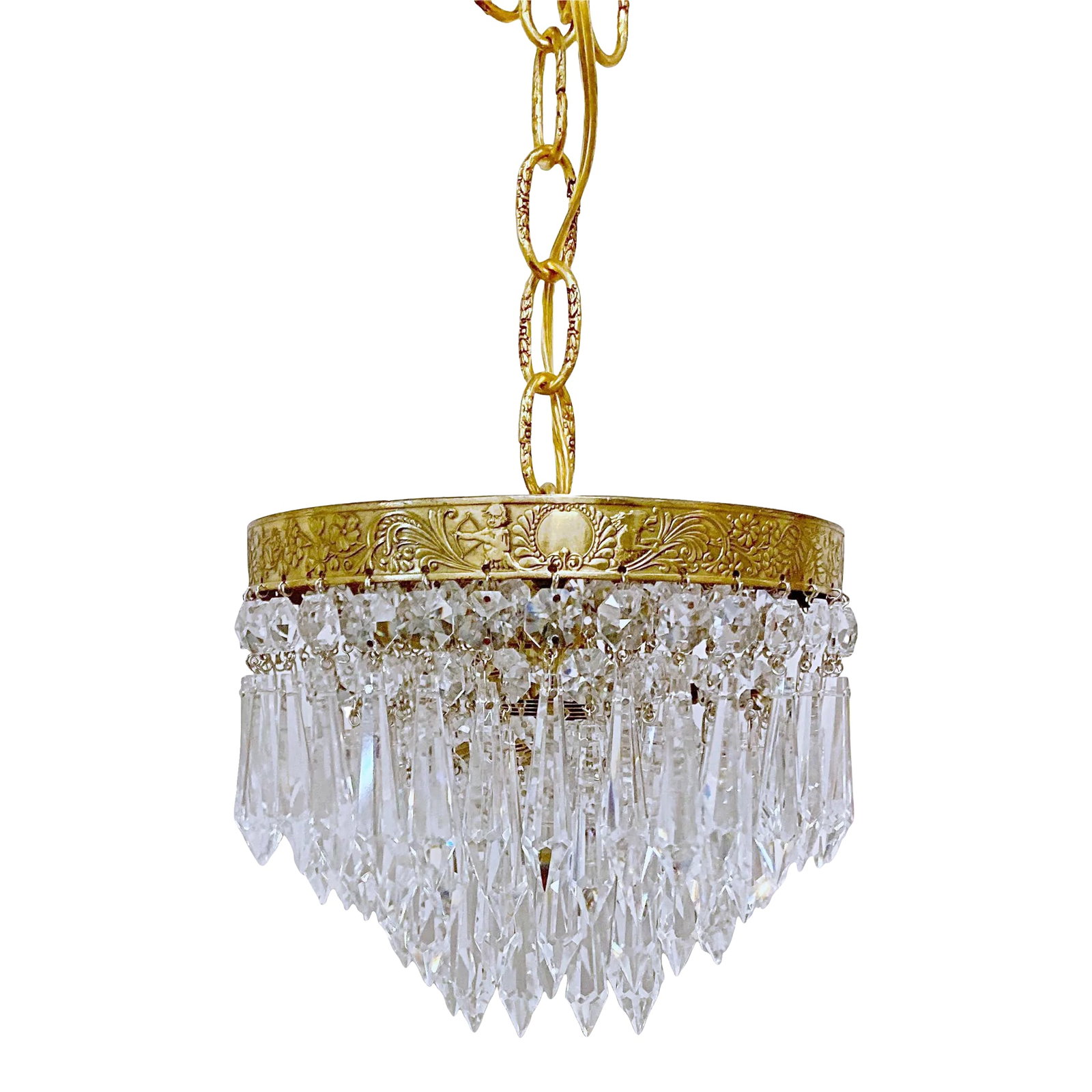 1950s Italian Brass Upside Down Layered Chandelier: Italian upside down layered chandelier with brass rim and vintage plug crystal drops. Restored, rewired and it has one Edison base socket that holds a maximum of 100W light bulb or equivalent LED
