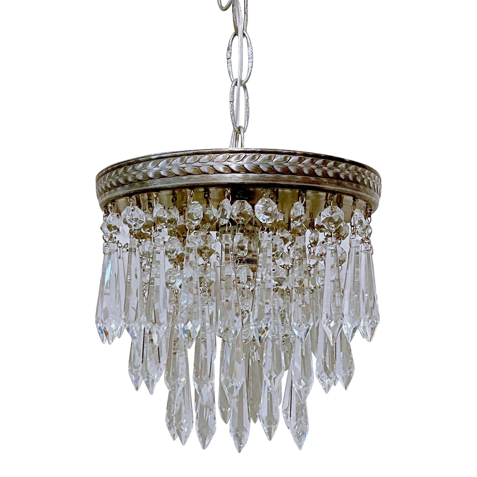 1950s Italian Pewter Frame Upside Down Layered Chandelier: Italian upside down layered chandelier with pewter rim and vintage plug crystal drops. Restored, rewired and it has one Edison base socket that holds a maximum of 100W light bulb or equivalent LED