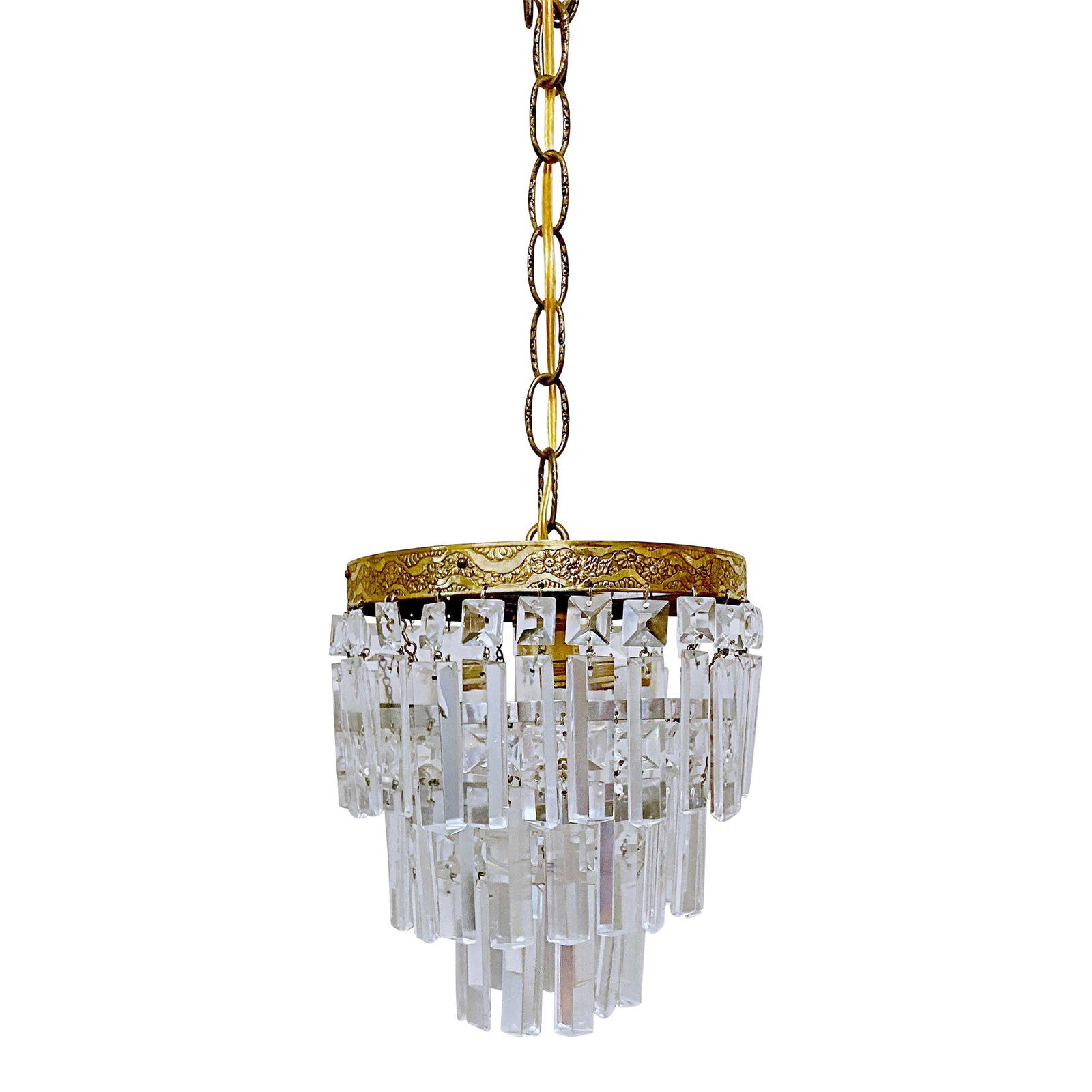 Vintage Italian Upside Down Layered Cake Rim Chandelier: Italian upside down layered chandelier with bronze rim and vintage colonial cut crystal drops. Restored, rewired and it has two Edison base sockets that each can hold a maximum of 75W light bulb or eq