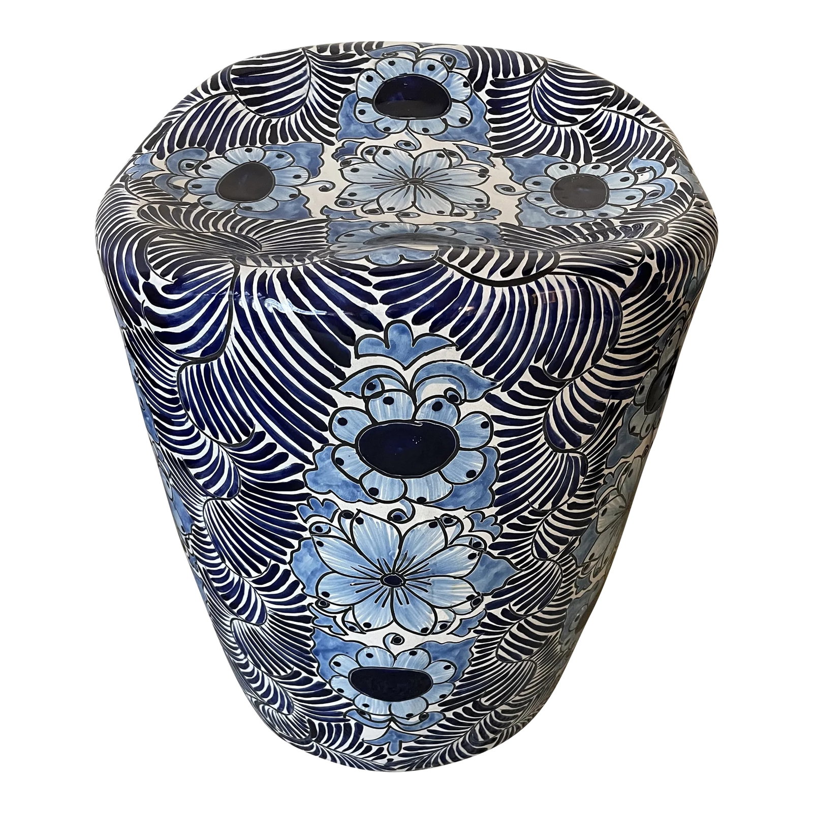 Vintage Blue and White Glazed Garden Stool: This beautiful garden stool is Mexican inspired with glazed florets and wispy foliage in blues. The top seat is curved to fit your posterior. Great for any terrace or sunroom. Condition: Alterations: 