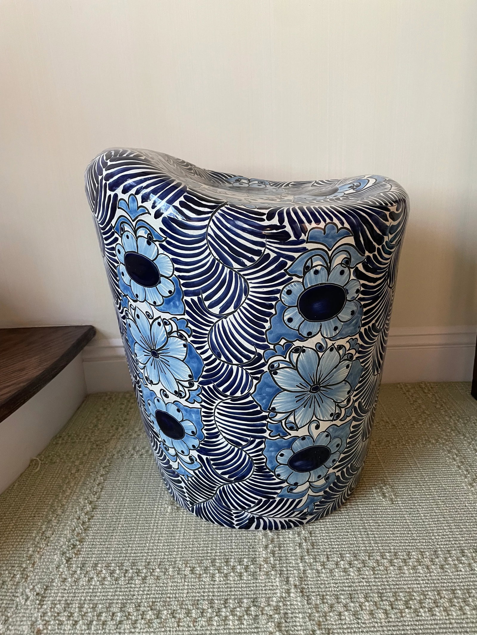 Vintage Blue and White Glazed Garden Stool - 2