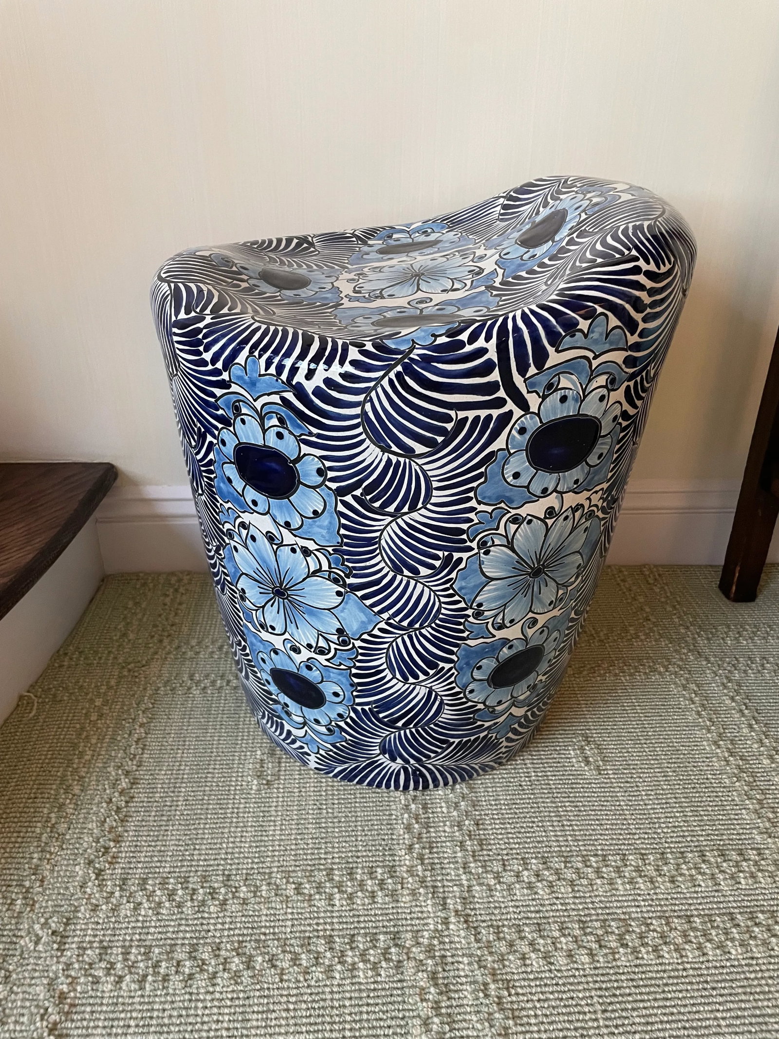 Vintage Blue and White Glazed Garden Stool - 4