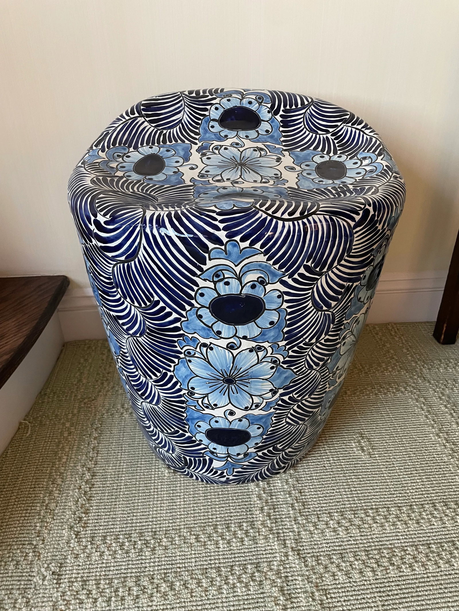 Vintage Blue and White Glazed Garden Stool - 7
