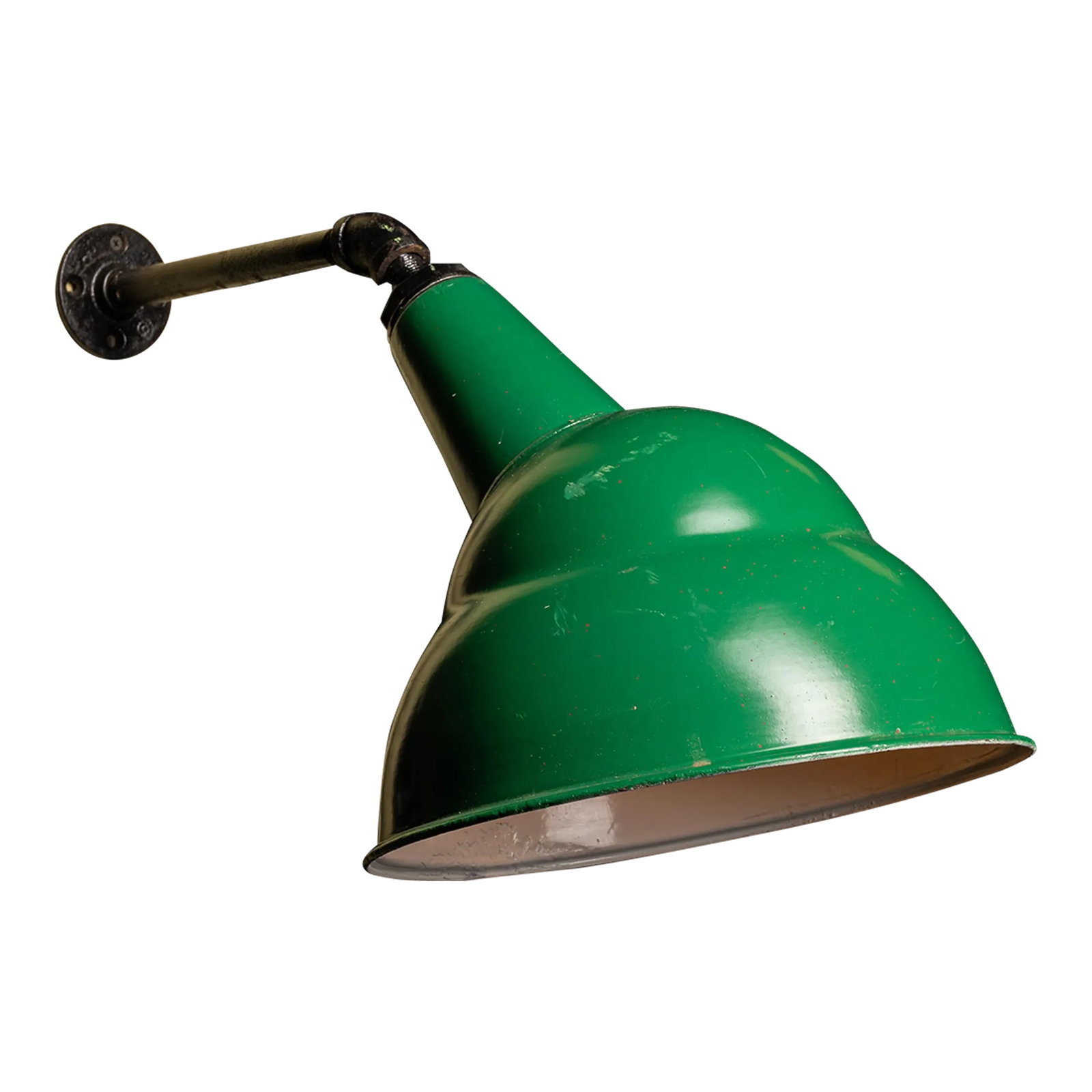 Vintage 1930s Industrial Lamp in Green: Vintage industrial lamp featuring green paint. This lamp mounts to the wall and shines light down. This lamp likely began its life lighting signs from above. The lamp shade measures 11.5" in