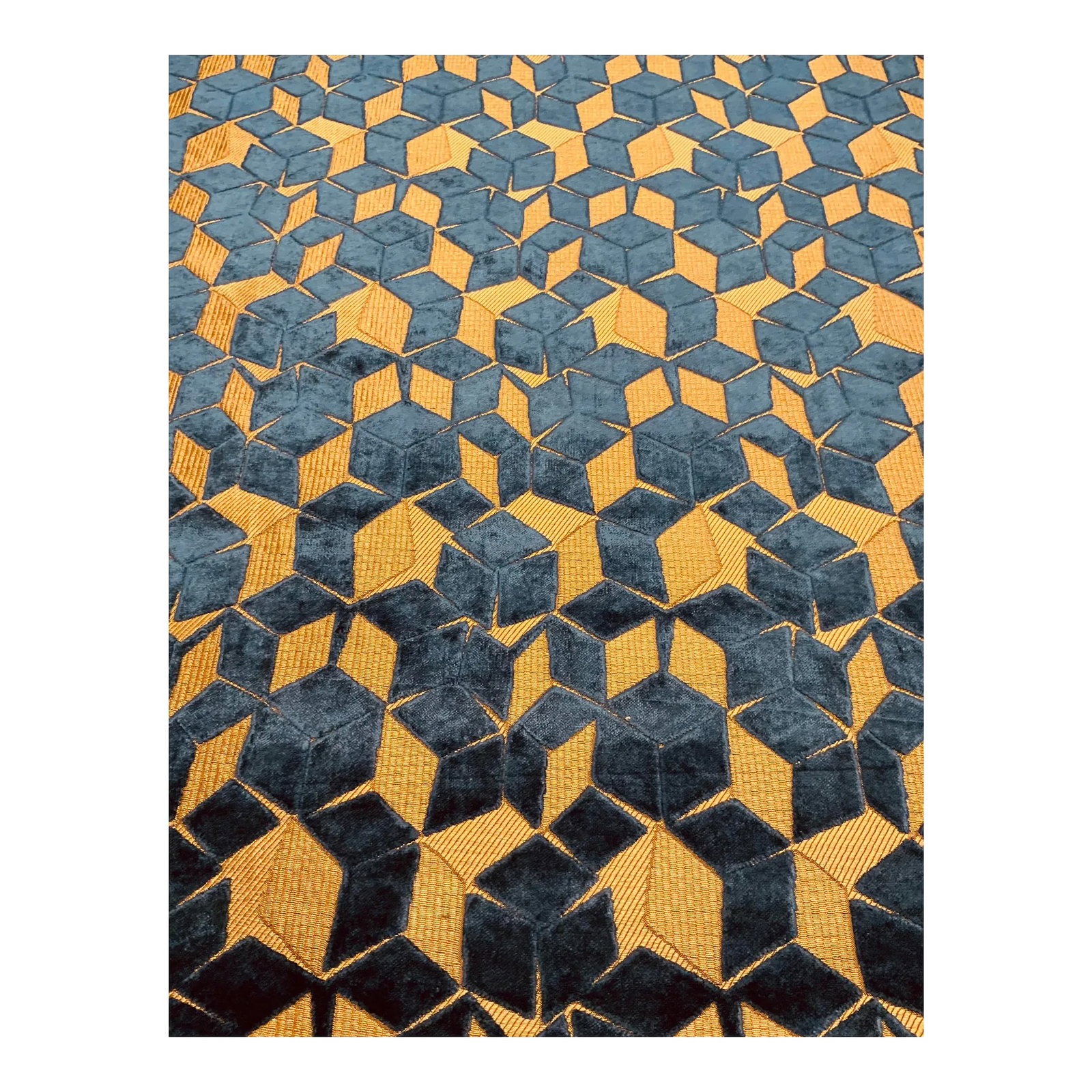 Designers Guild: Fitzrovia Cerulean Fdg2925-03 Blue and Bronze Cut Velvet Cube Designer Fabric - 4 Y: This modern blue and bronze cut velvet geometric has a soft hand, and is suitable for upholstery, drapes, and pillows. This fabric is a first quality designer good and retails with Designers Guild for