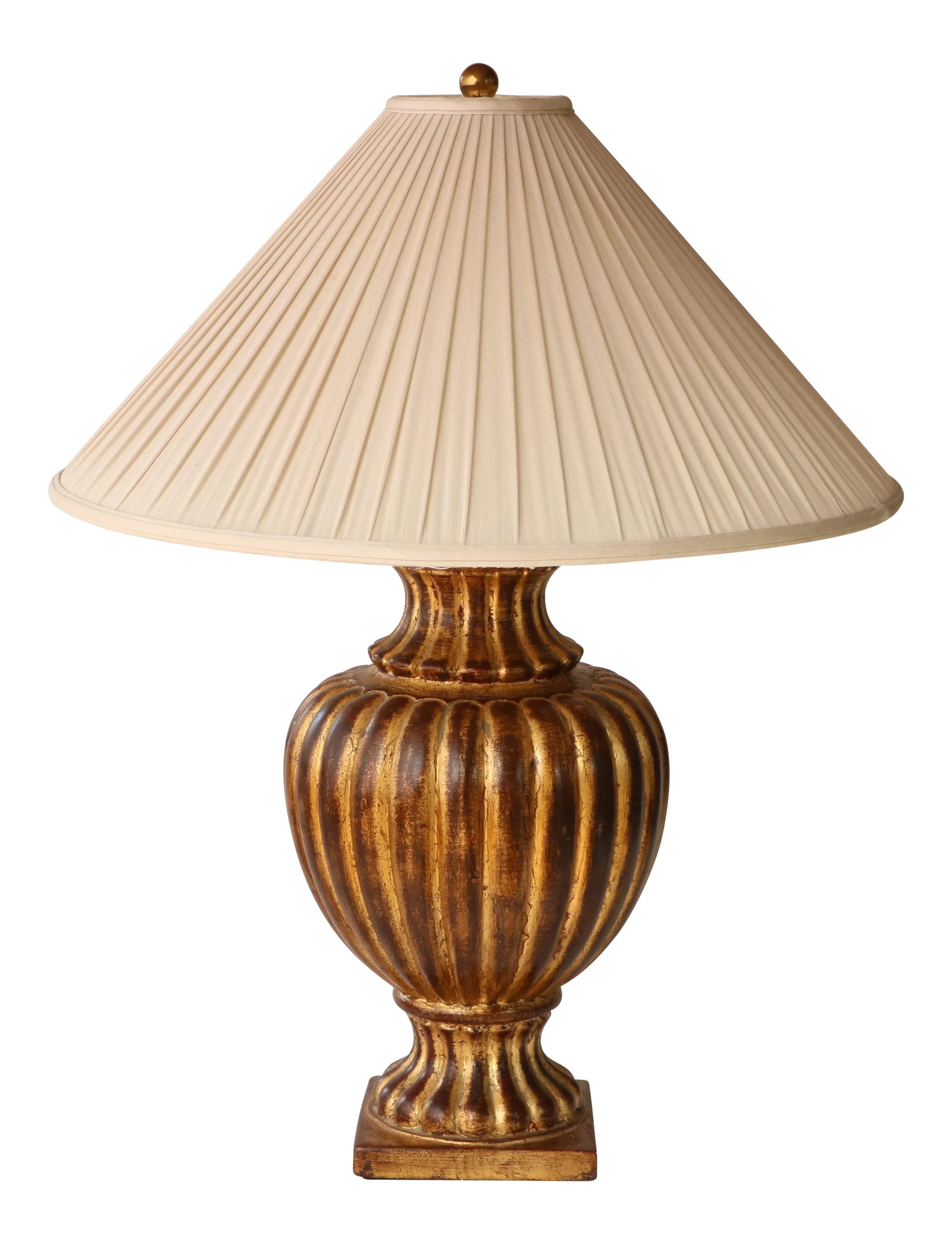 Maison Le Dauphin Urn Table Lamp: This vintage lamp base from Maison Le Dauphin France features a classic urn design with ribbed form and distressed gold leaf finish. It measures 29" to the top of its finial, 20" tall to the top of