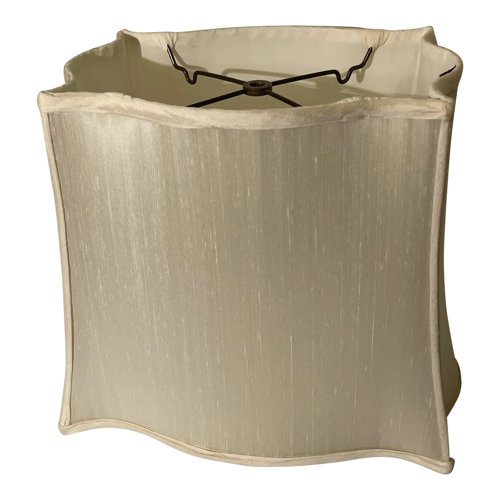 Hand Tailored Shaped Lampshade: Fabulous custom tailored hand sewn lamp shade. Ivory or off white cream eggshell shantung fabric. Oval rectangle shape Diane studios Top 11.5 x 8.75 Bottom 14.25 x 10.25 Height 11.5" Condition: