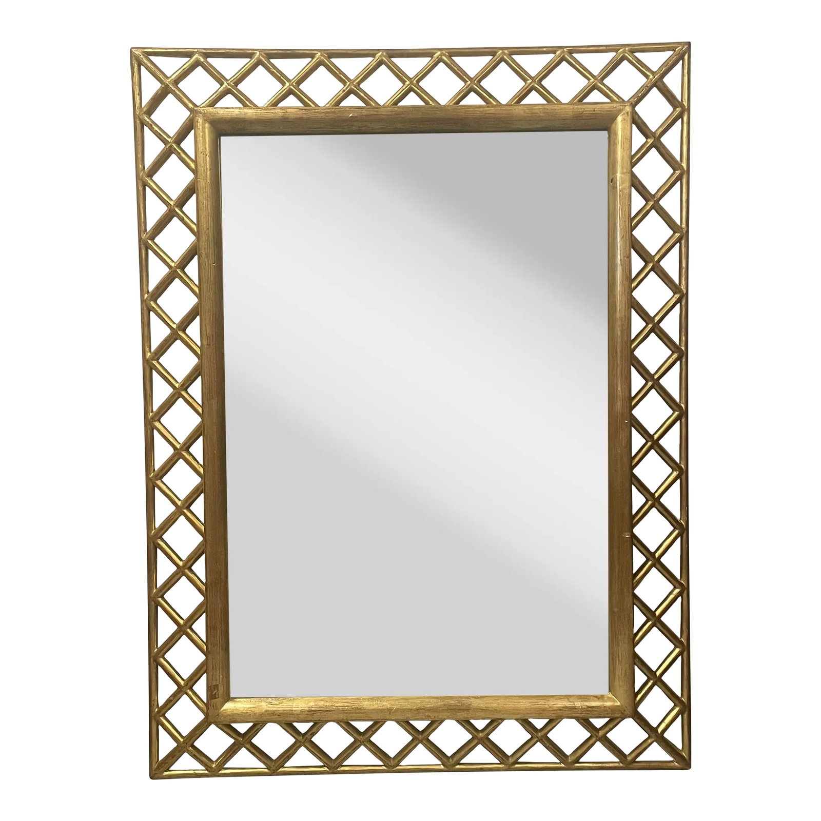 1970s Large Ornate Gilt Lattice Framed Mirror: Vintage Gold Painted Lattice Framed Mirror Condition: Alterations: Original Condition Unaltered Imperfections: Some Imperfections Condition Notes: normal wear consistent with age Materials &
