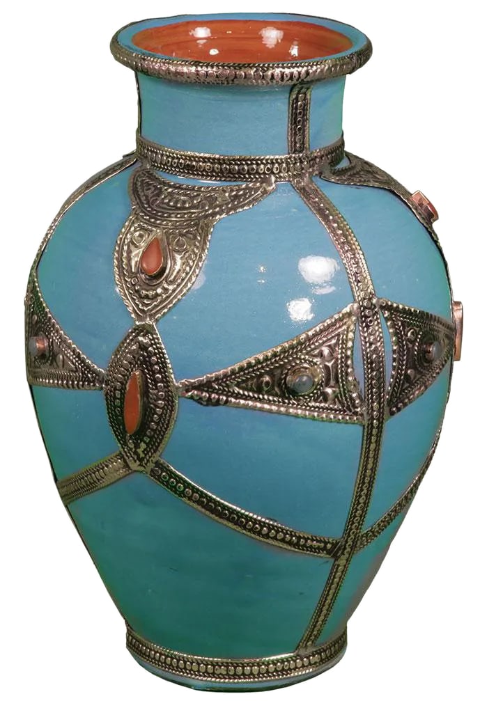Late 20th Century Blue & Silver Moroccan Ceramic Vase: Hand crafted, glazed decorative ceramic vase with great dexterity and precision using a Berber engraved metal inlay designs and embelished with Berber coral that gives it a unique quality and characte