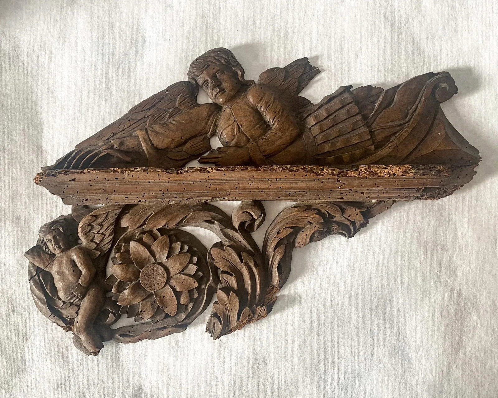 18th Century French Carved Wood Angel and Cherub Architectural Salvage Wall Hanging - 11