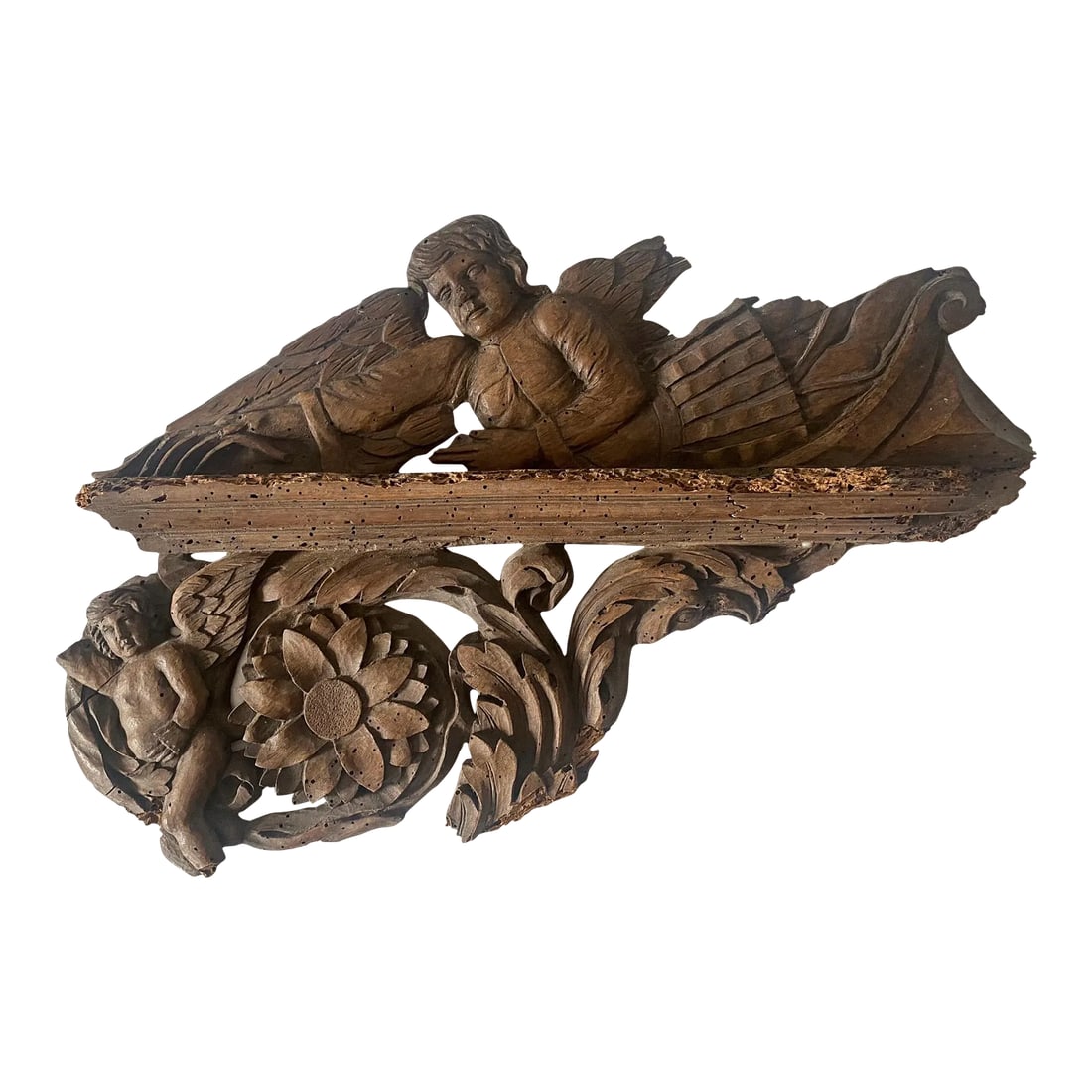 18th Century French Carved Wood Angel and Cherub Architectural Salvage Wall Hanging: Antique carved wood piece, a large architectural salvage fragment dating to the 1700s. This greatly distressed piece features a large flying angel on top, a small shelf, and a winged cherub with