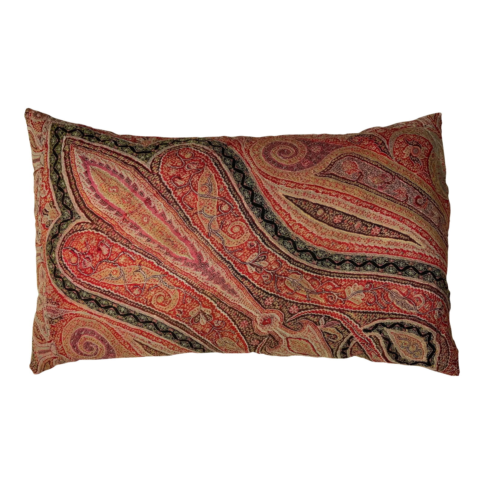 Single Antique Pillow Made From Kashmir Shawl: Beautiful pillow made of antique Indian handmade Paisley Textile, fresh insert, fine cotton backing. double front support lining. Condition: Alterations: Original Condition Unaltered Imperfections: So