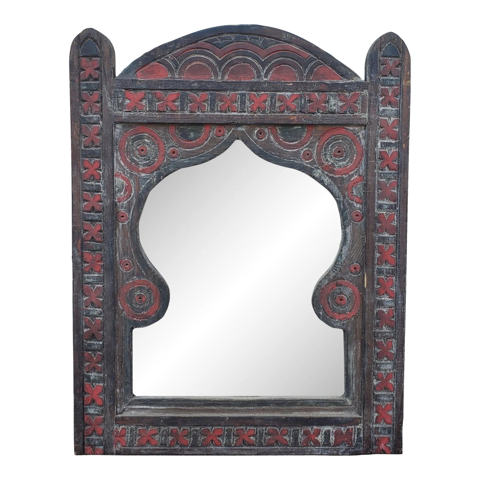 Medium Moroccan Arched Berber Style Distressed Mirror: Medium size berber Moroccan mirror. Made in the city of Marrakech. Rectangular shape with an arch on top, measuring approximately 24" x 18". Amazing Berber carvings throughout as you can see in the