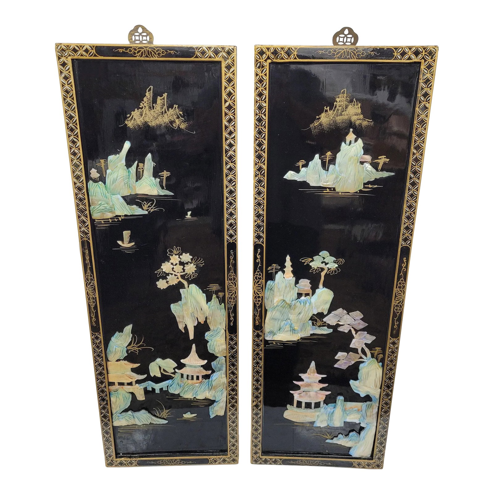 Vintage Asian Hanging Wood & Black Lacquer Framed Wall Art - a Pair: Chinese wall reliefs is a precious s decorative object realized in the 20th century. A very elegant couple of wall reliefs black lacquered wood, with two relief images made of mother of pearl in