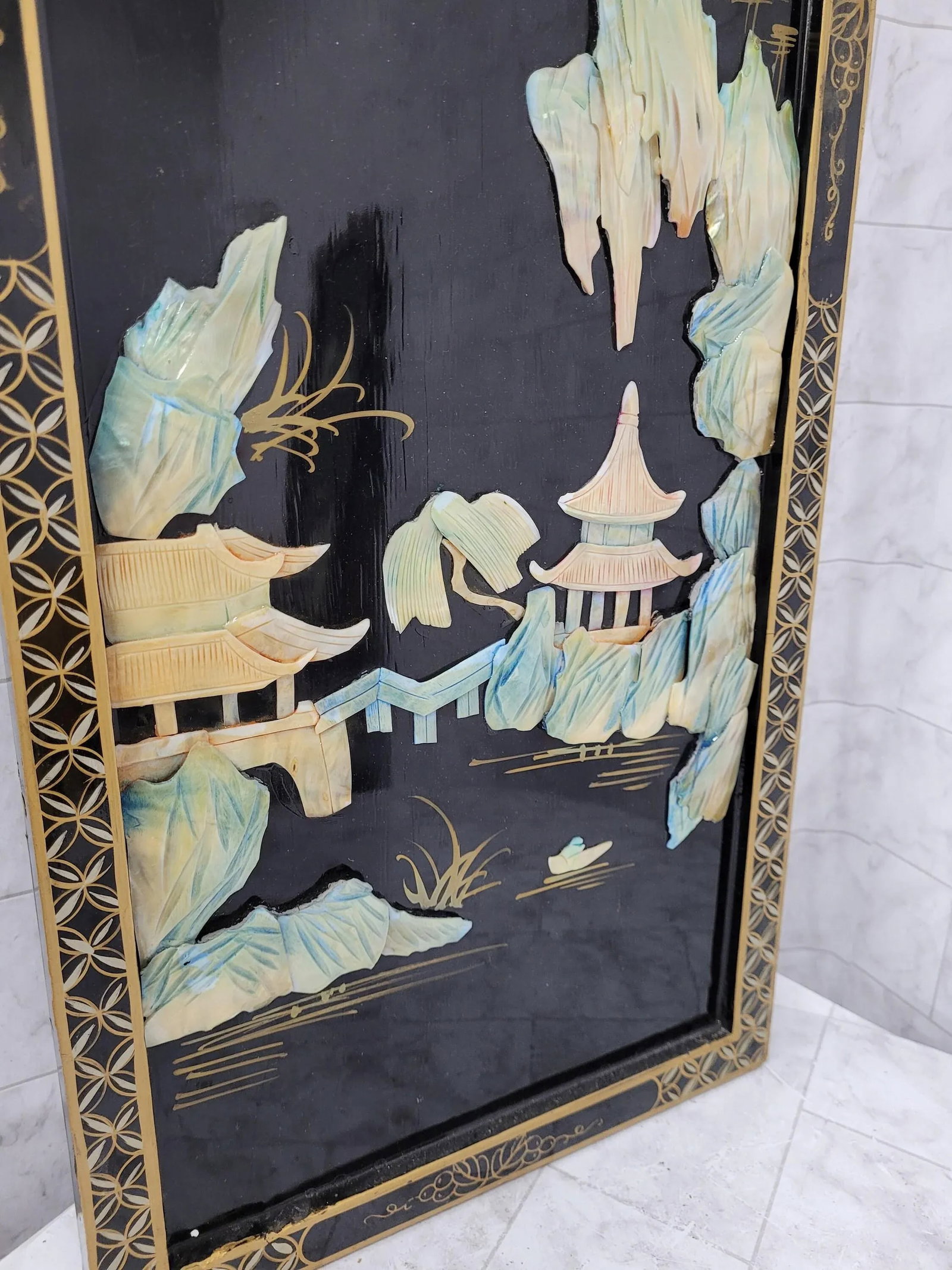 Vintage Asian Hanging Wood & Black Lacquer Framed Wall Art - a Pair - 2