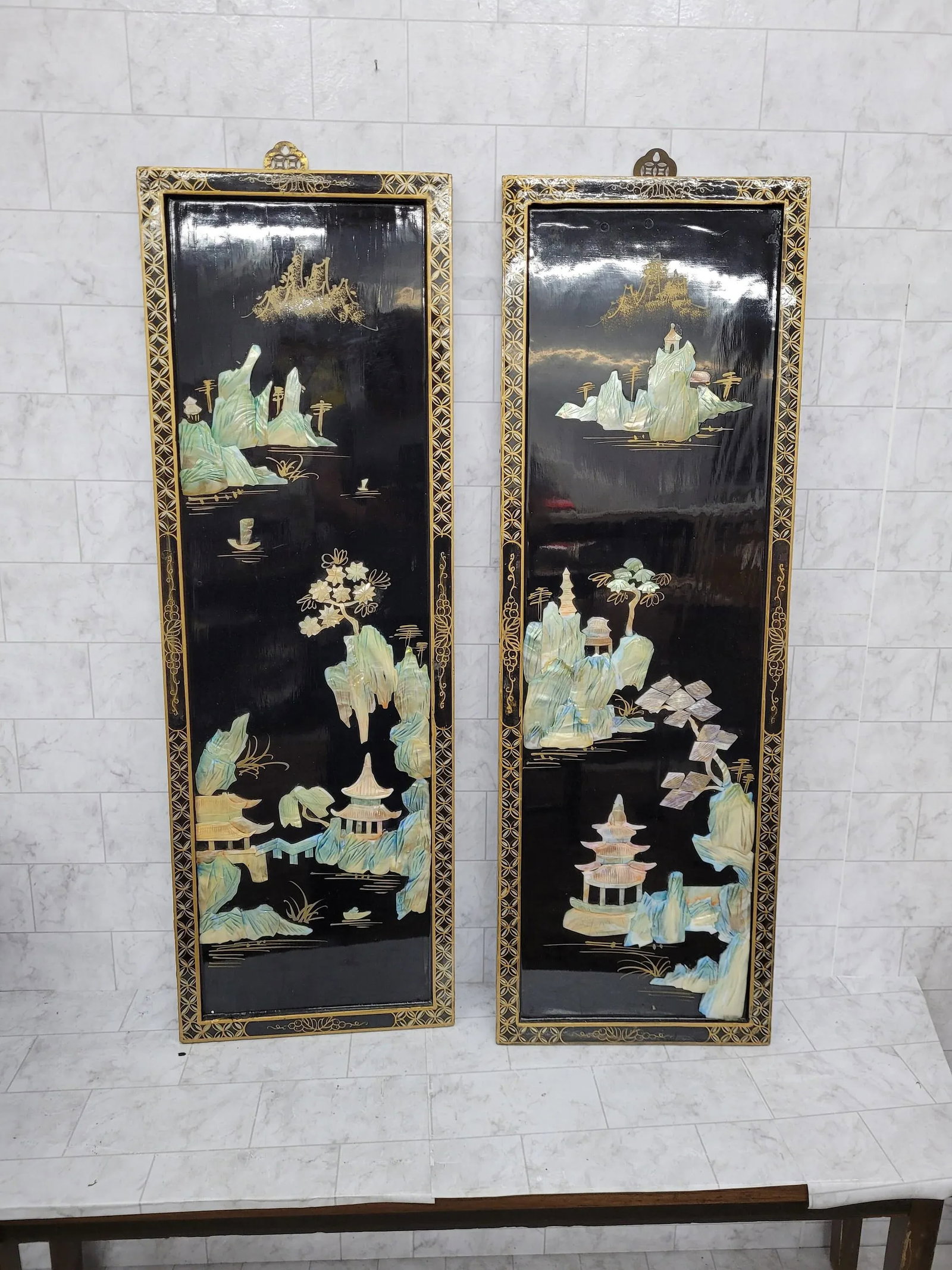 Vintage Asian Hanging Wood & Black Lacquer Framed Wall Art - a Pair - 5