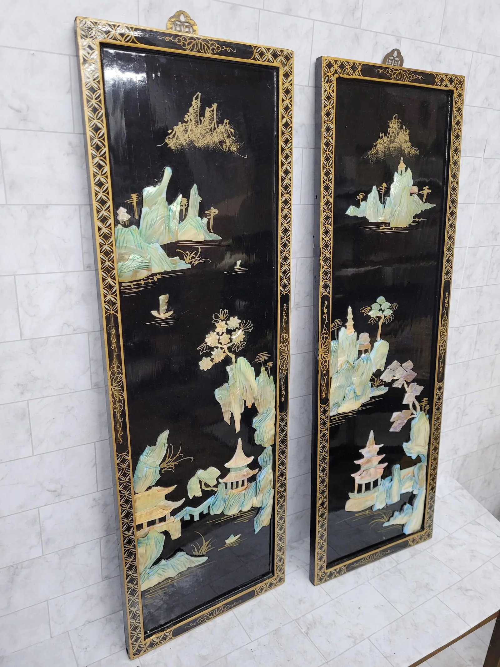 Vintage Asian Hanging Wood & Black Lacquer Framed Wall Art - a Pair - 6