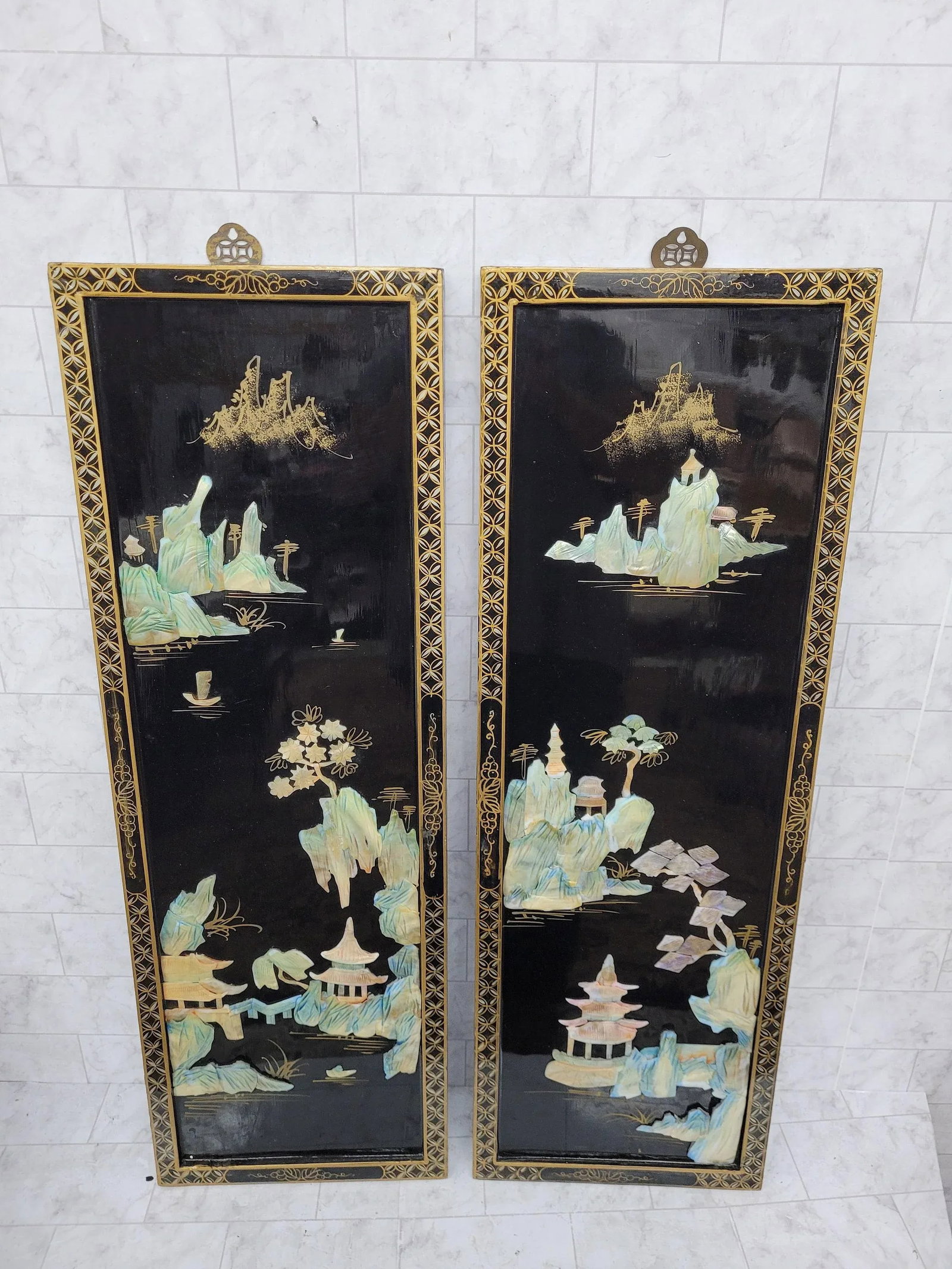 Vintage Asian Hanging Wood & Black Lacquer Framed Wall Art - a Pair - 8