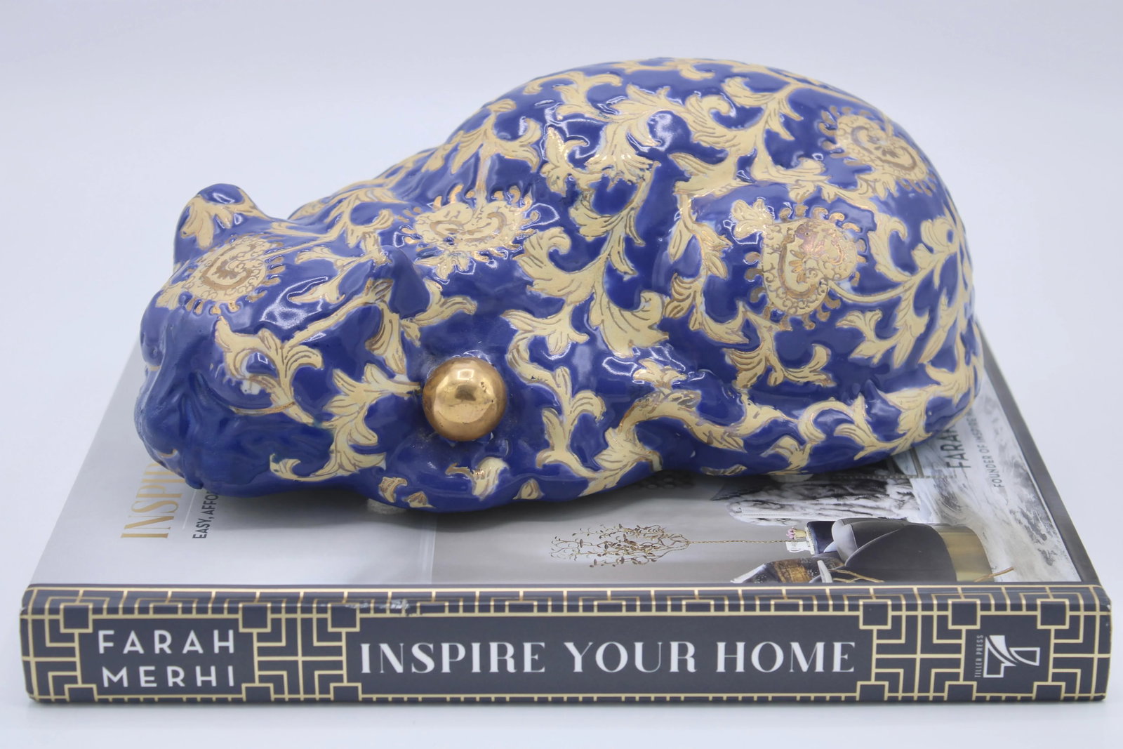 Vintage Asian Blue and Gold Ceramic Sleeping Cat - 10